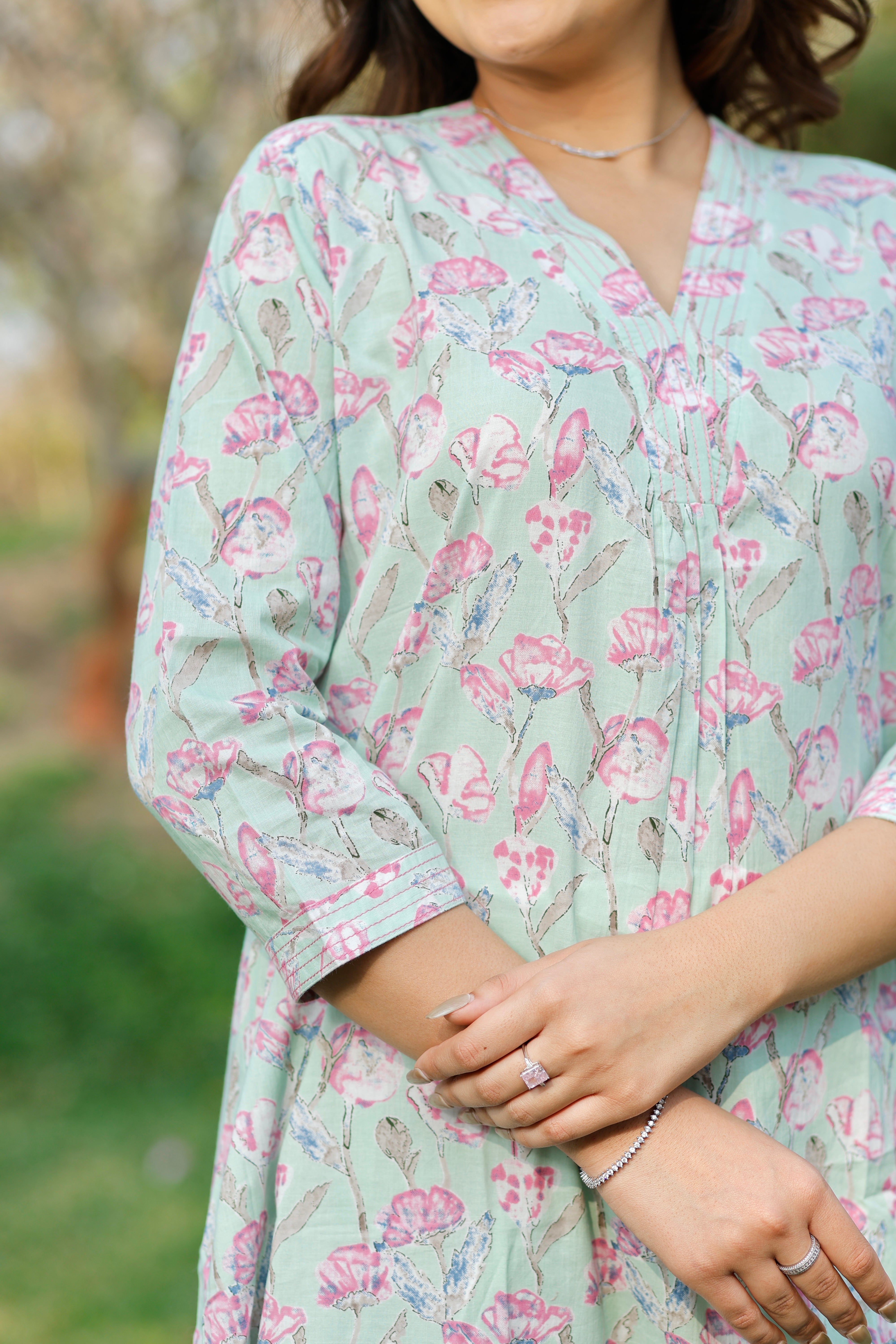 Mint Blossom Printed Cotton Kurta