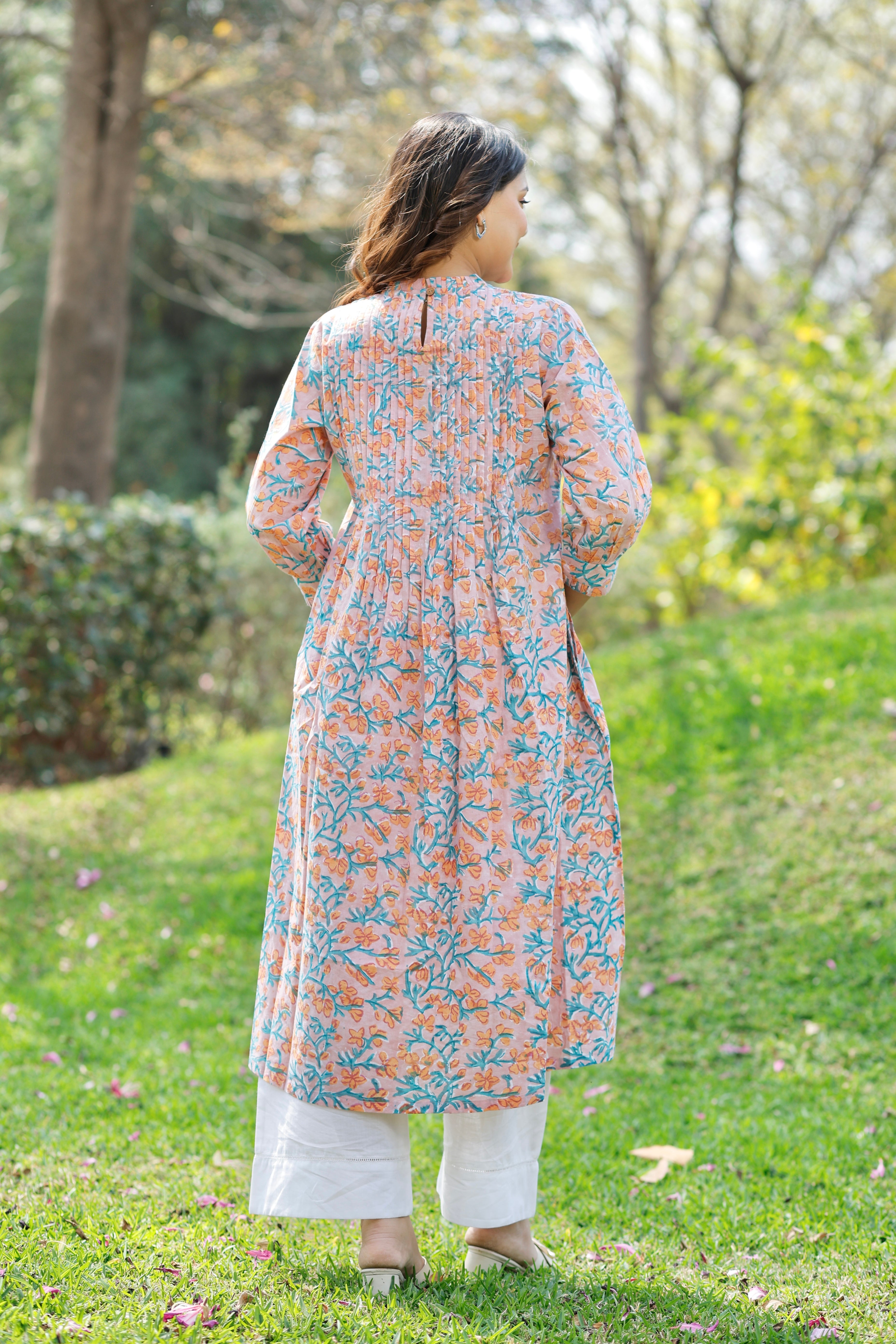 Bloom Peach Hand Block Printed Cotton Kurta