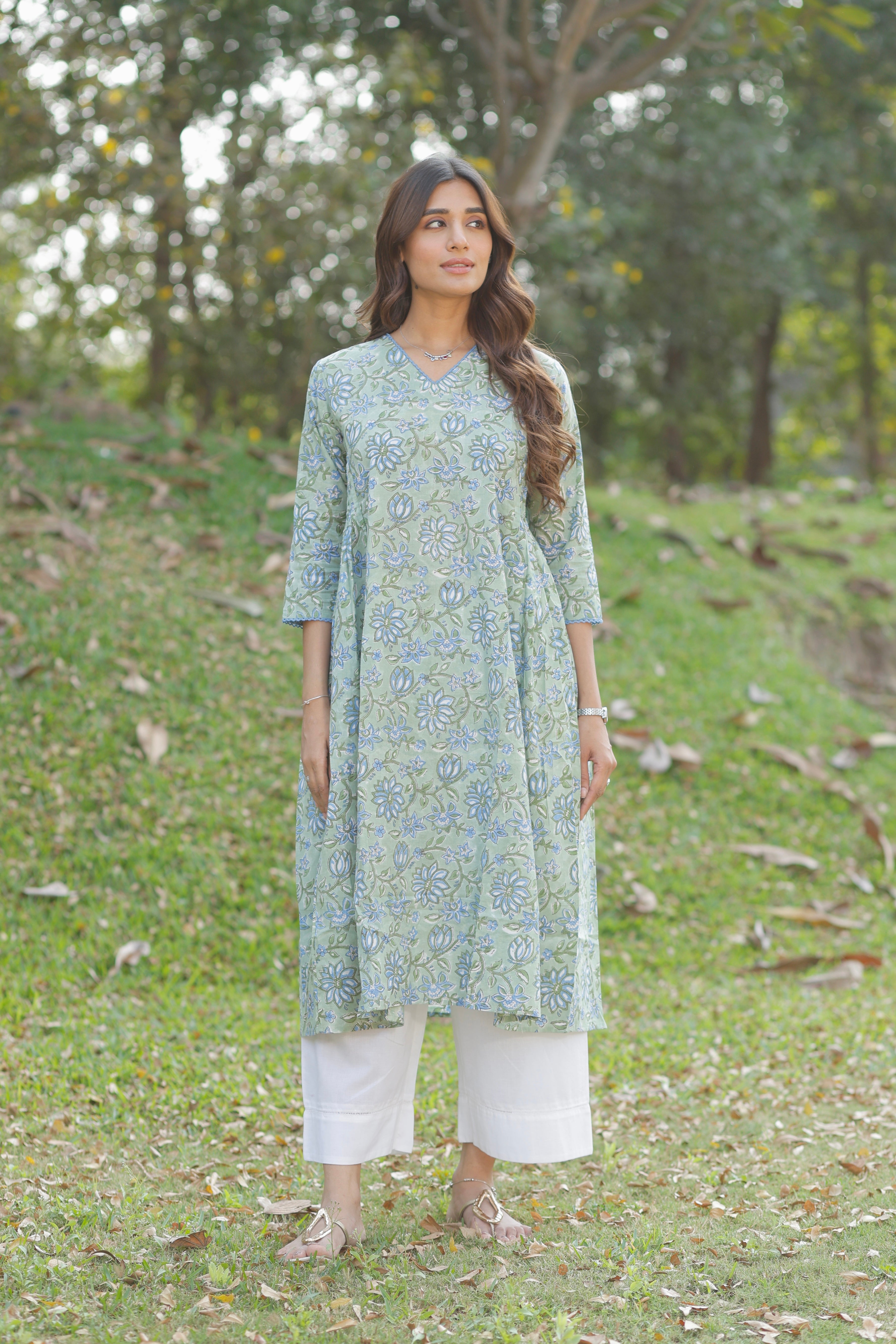 Mint Green Hand Block Printed Cotton Kurta