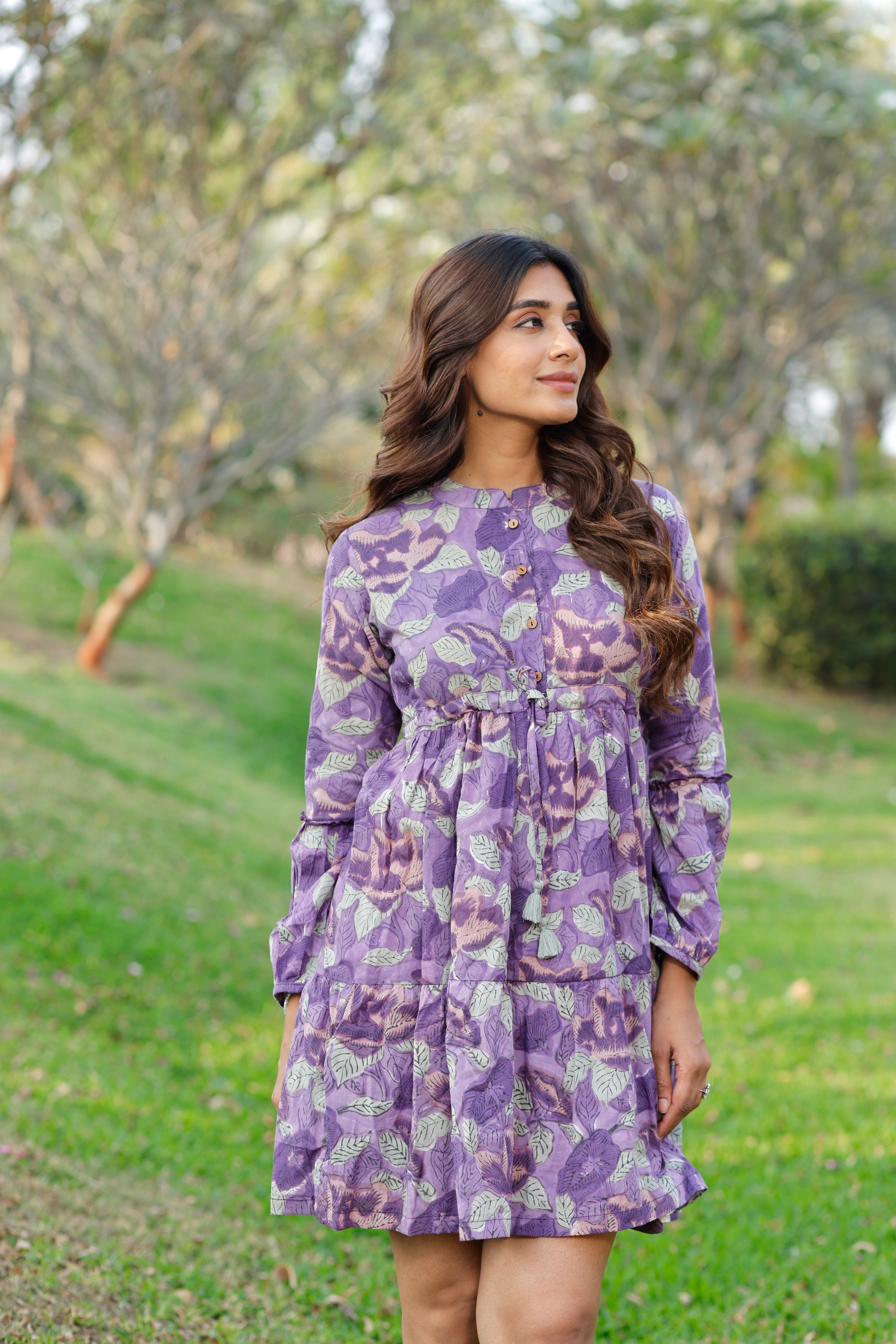 Midnight Purple Hand Block Printed Cotton Short Dress