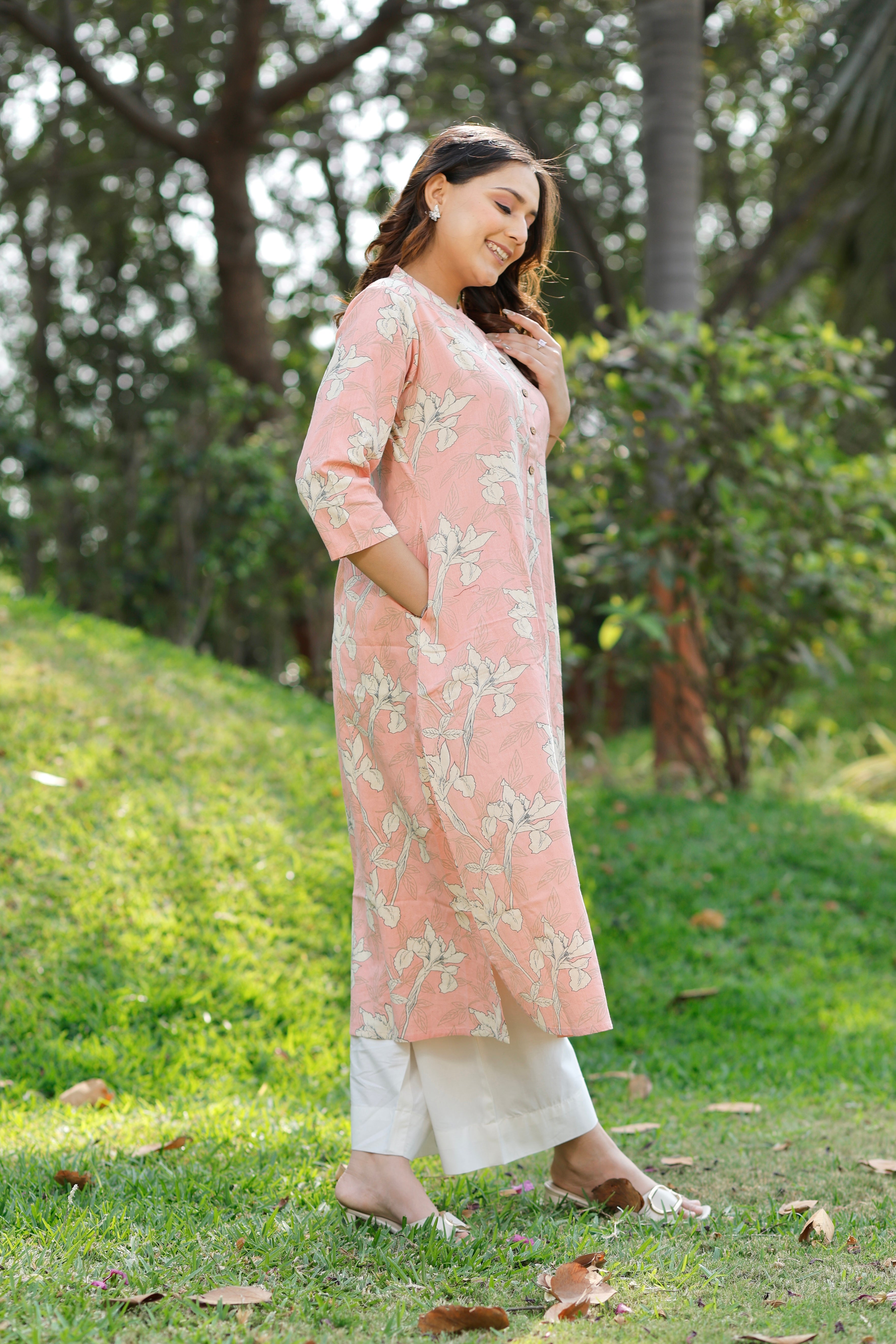 Sunset Peach Printed Cotton Kurta