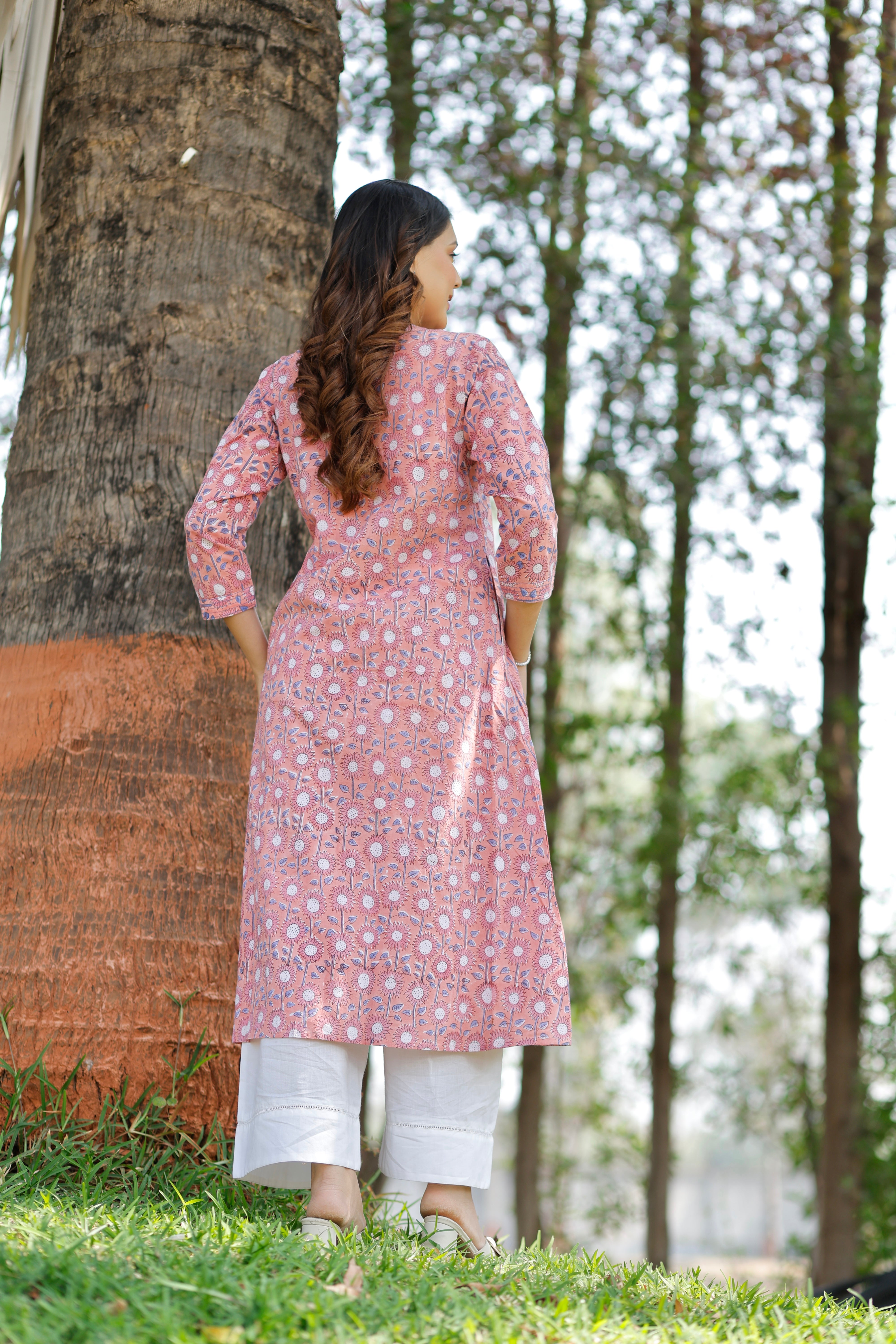 Coral Blush Hand Block Printed Cotton Kurta