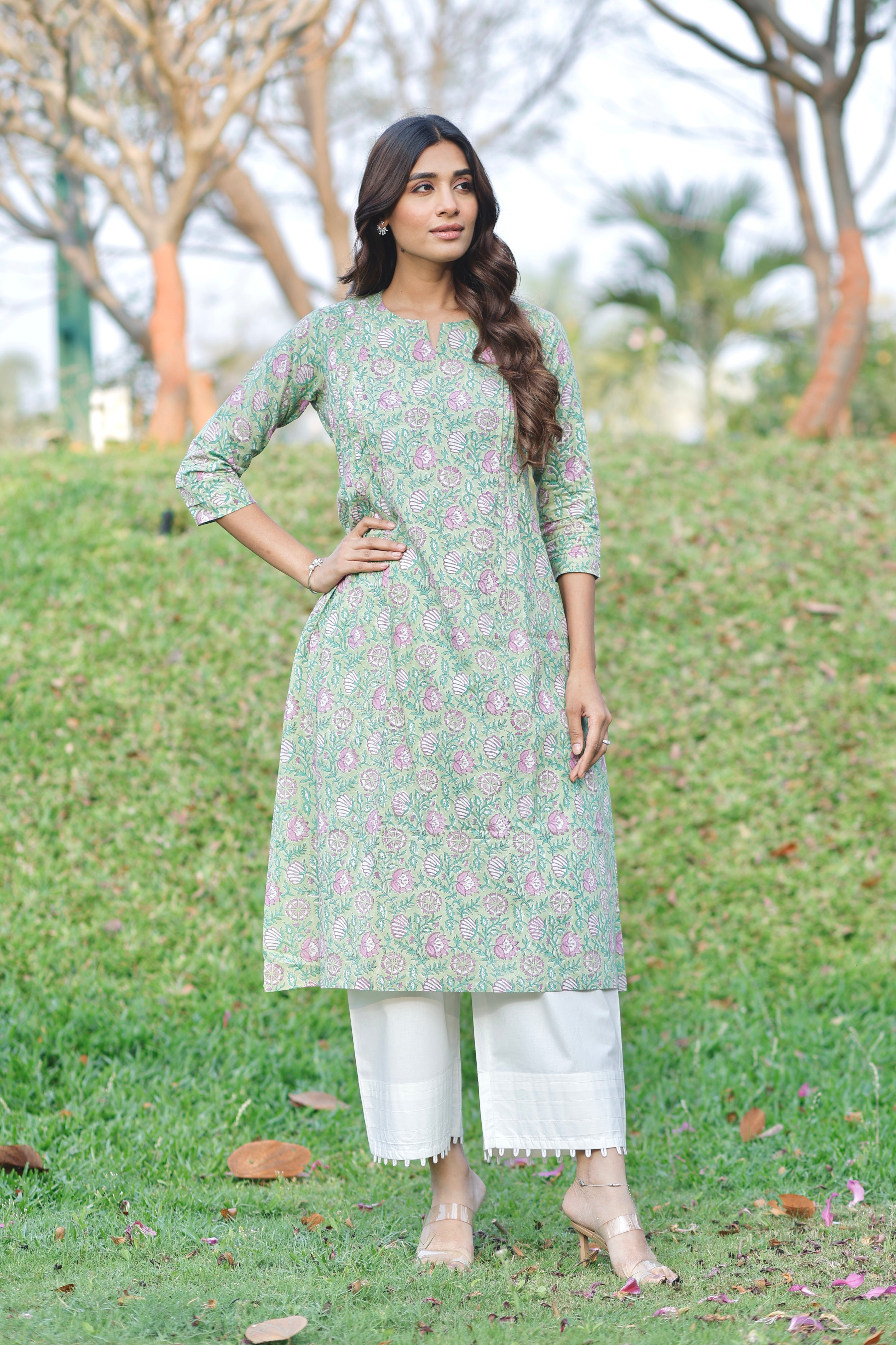 Soft Sage Hand Block Printed Cotton Kurta