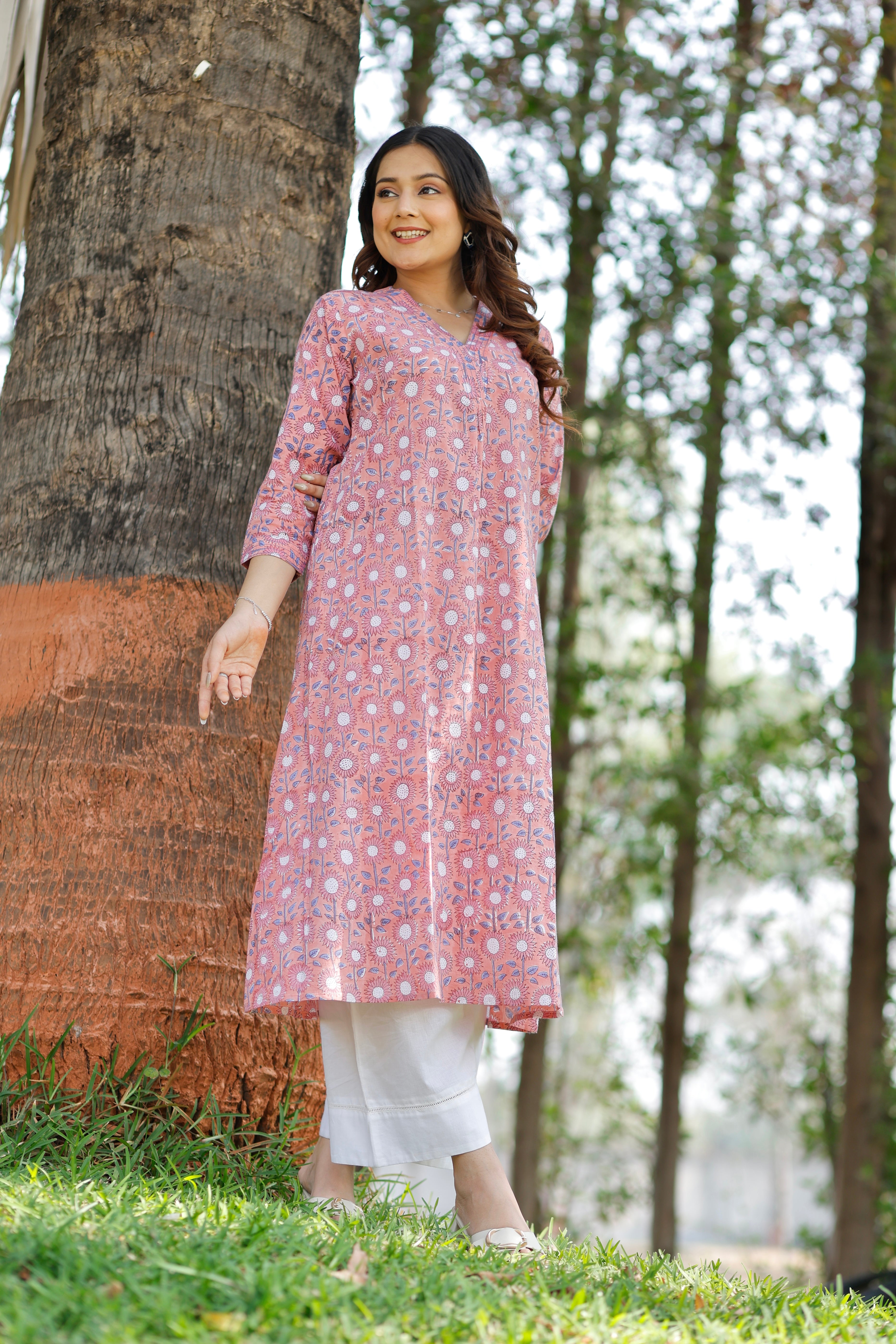 Coral Blush Hand Block Printed Cotton Kurta