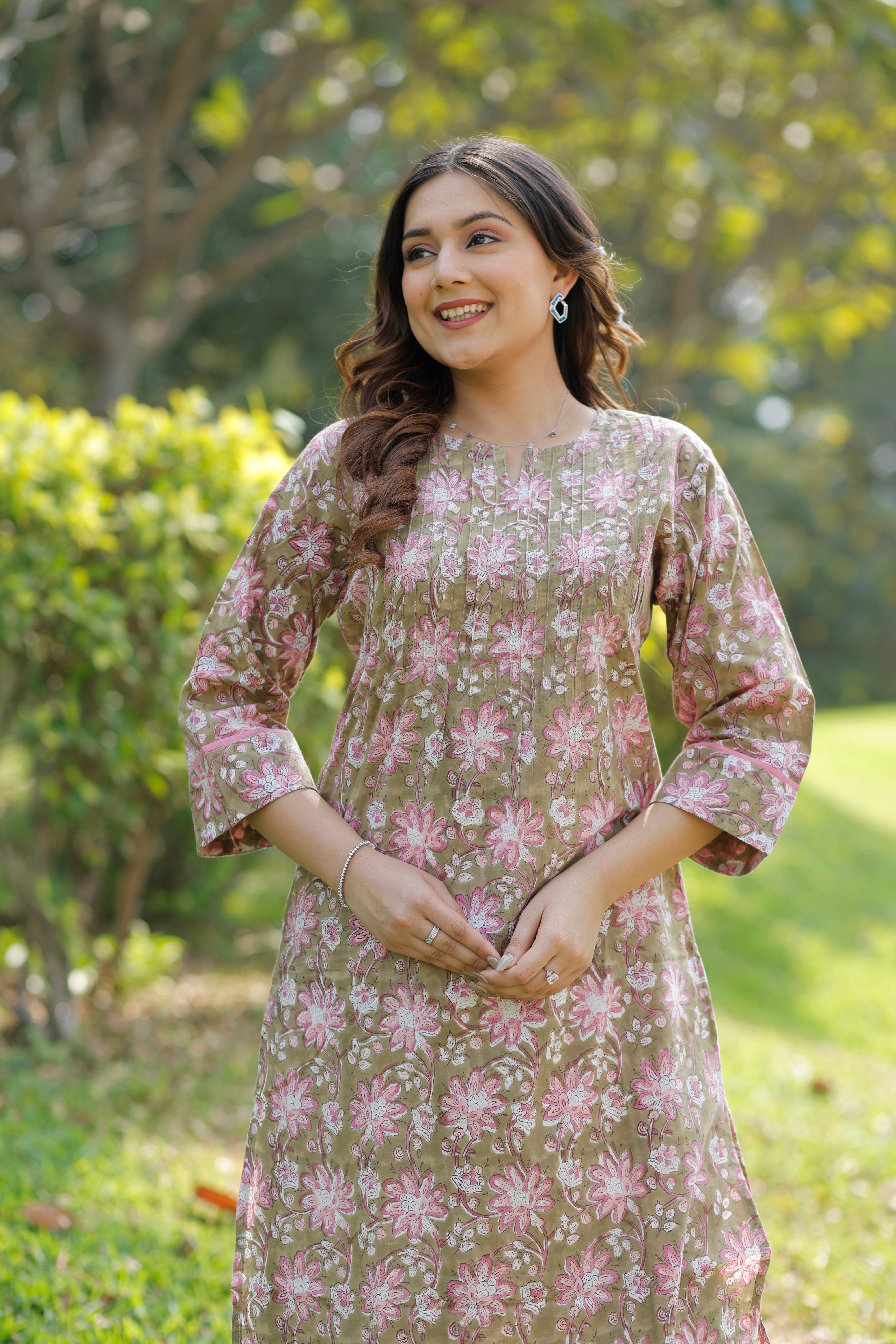 Olive Blush Hand Block Printed Cotton Kurta