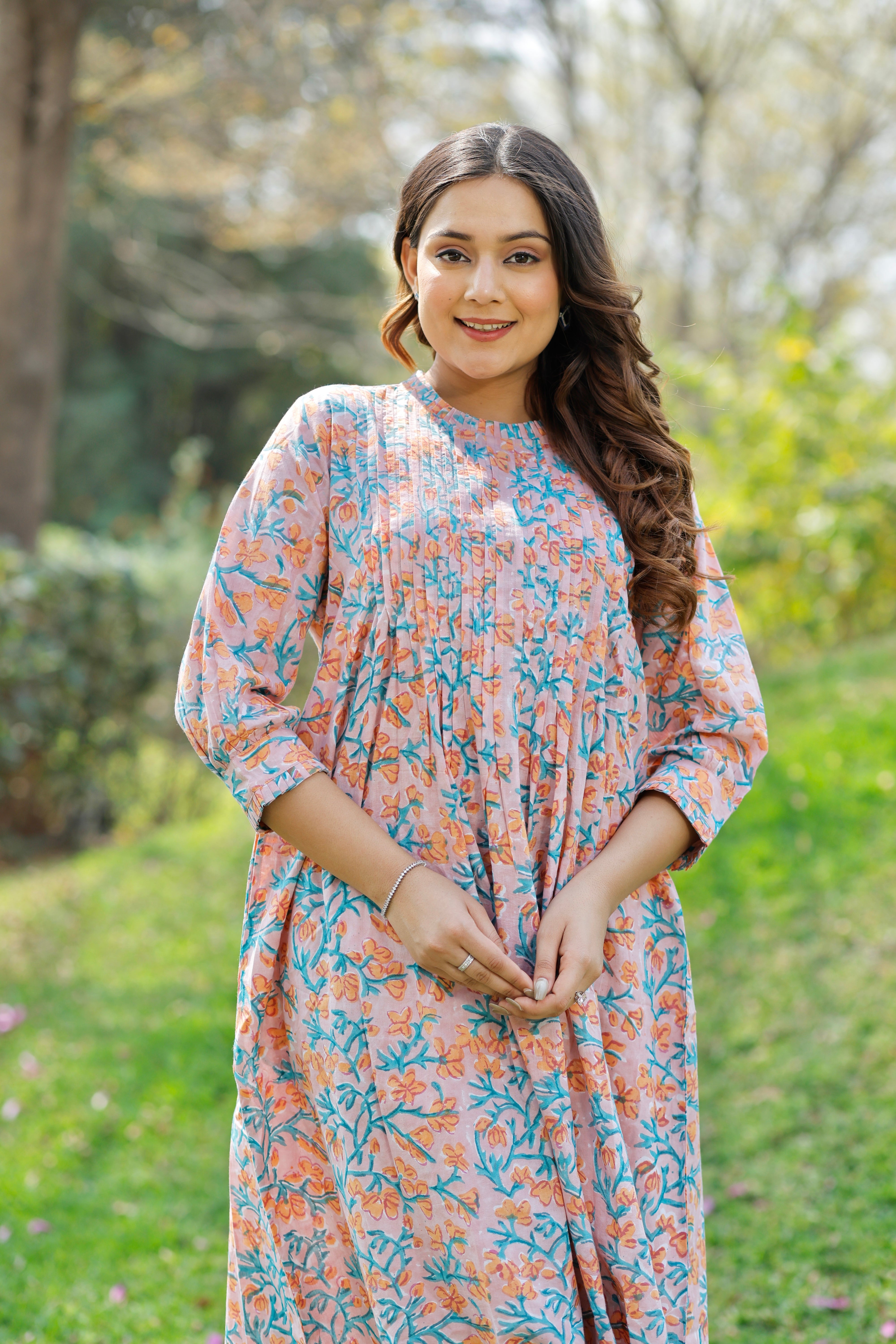 Bloom Peach Hand Block Printed Cotton Kurta
