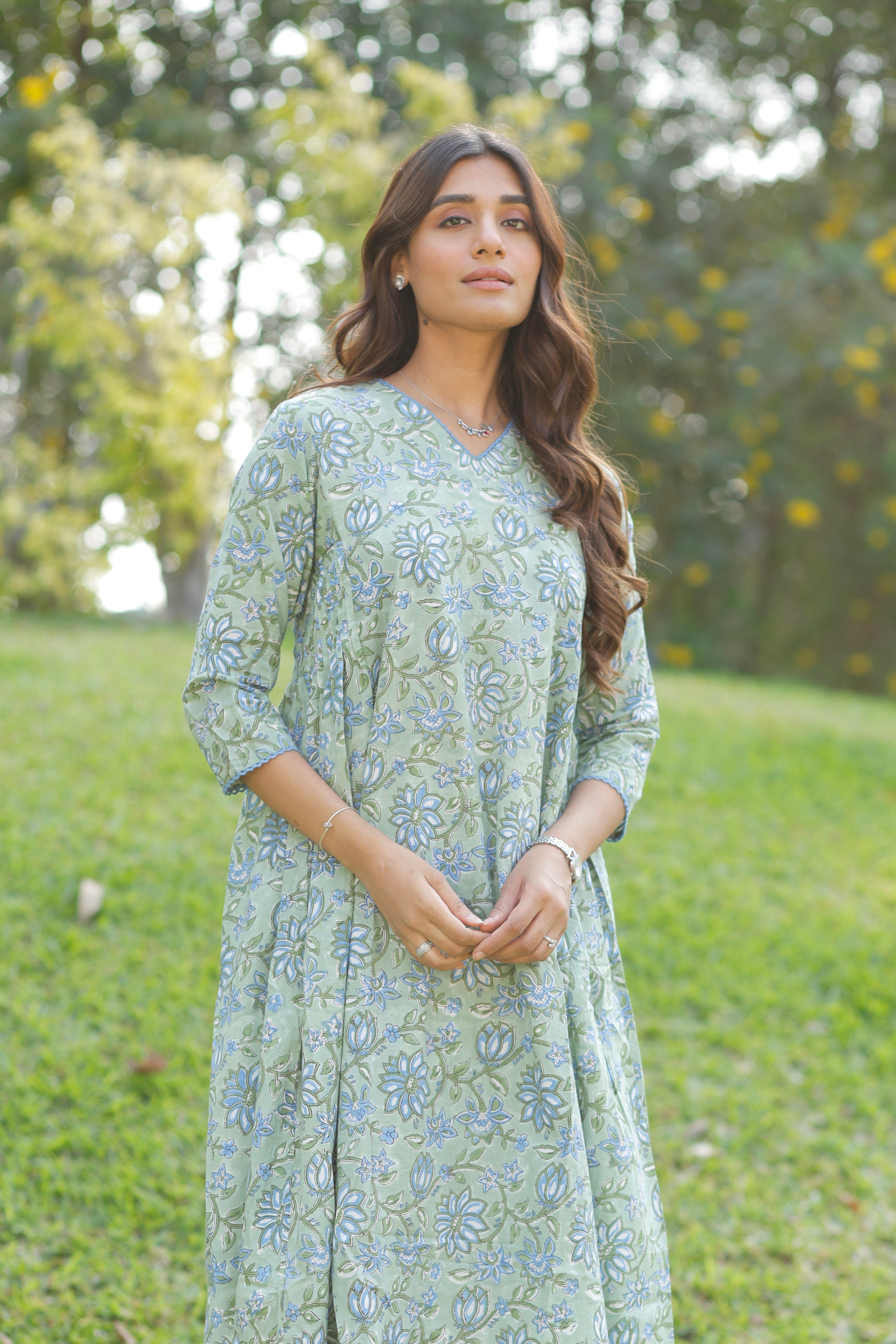 Mint Green Hand Block Printed Cotton Kurta