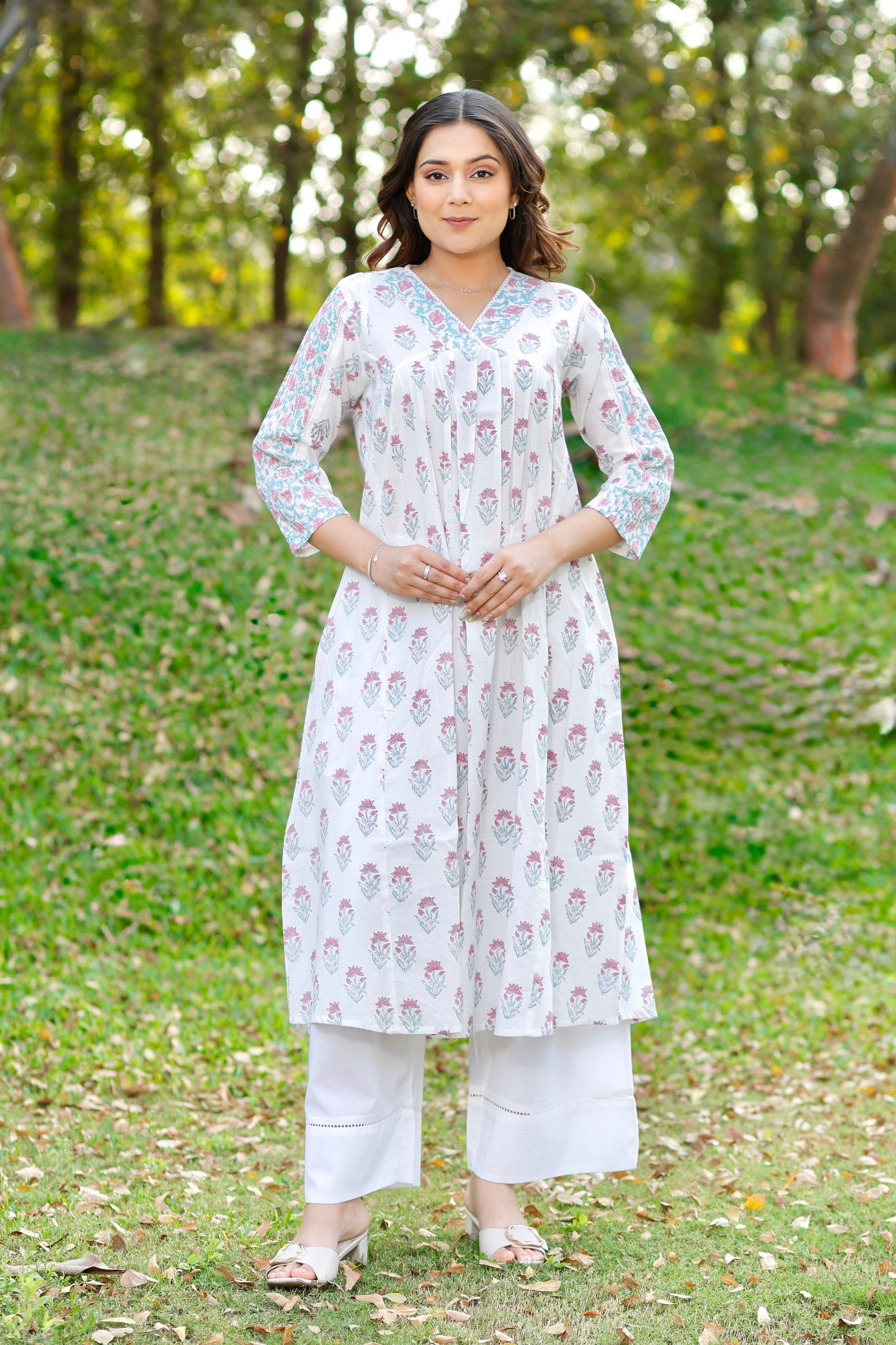 White Bloom Floral Hand Block Printed Cotton Kurta