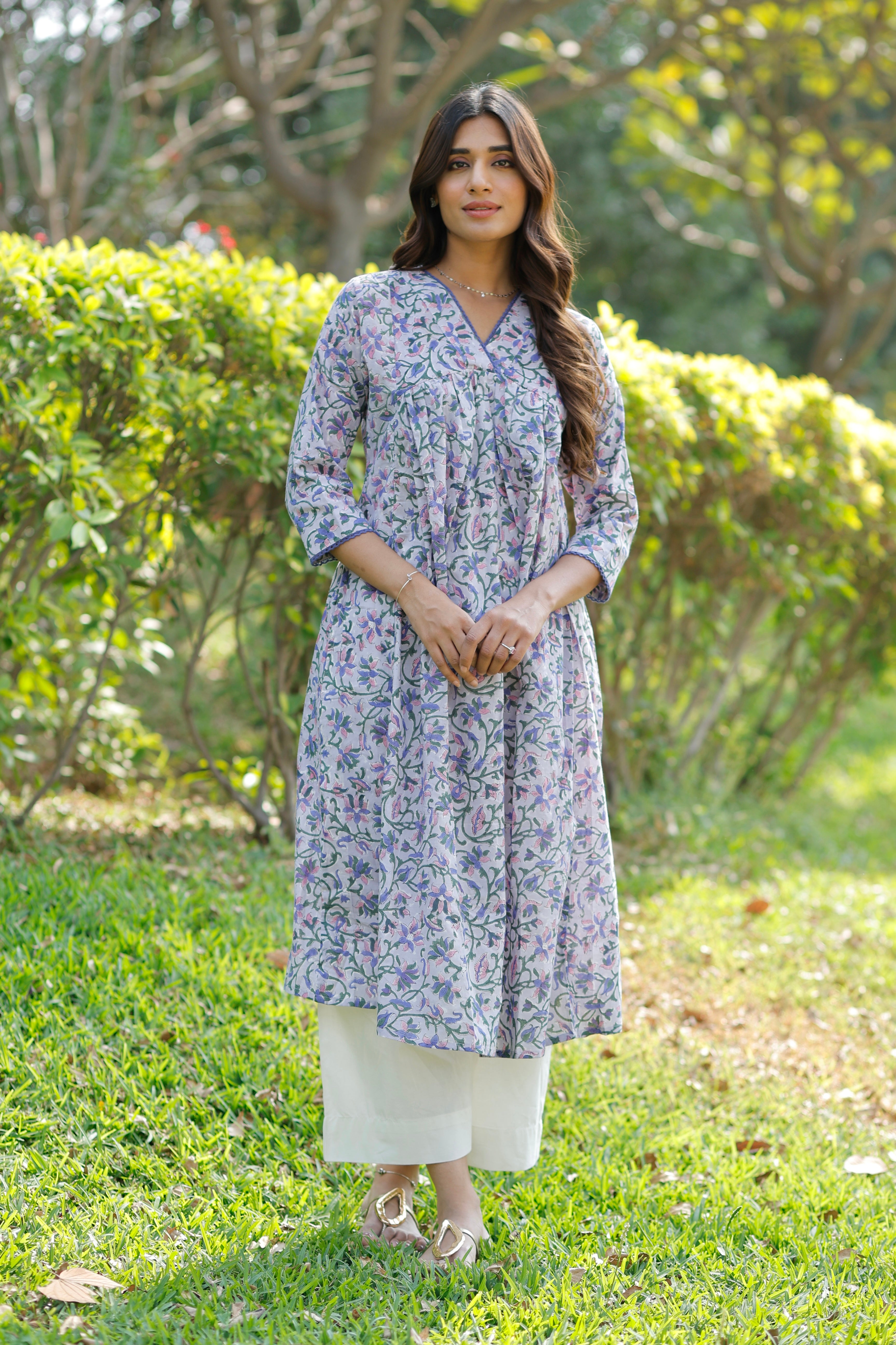 Blooming Lavender Hand Block Printed Cotton Kurta