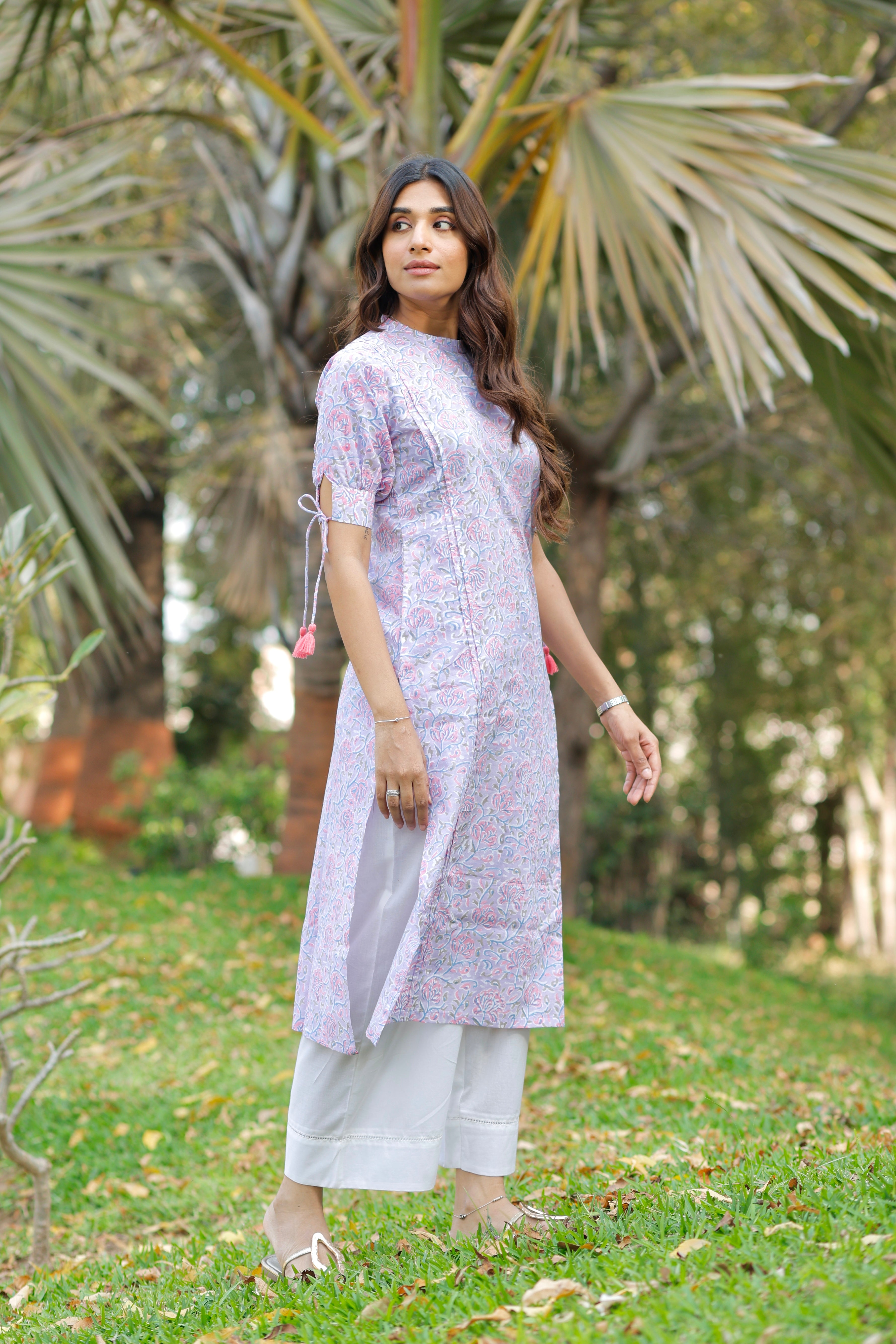 Misty Blue Hand Block Printed Cotton Kurta