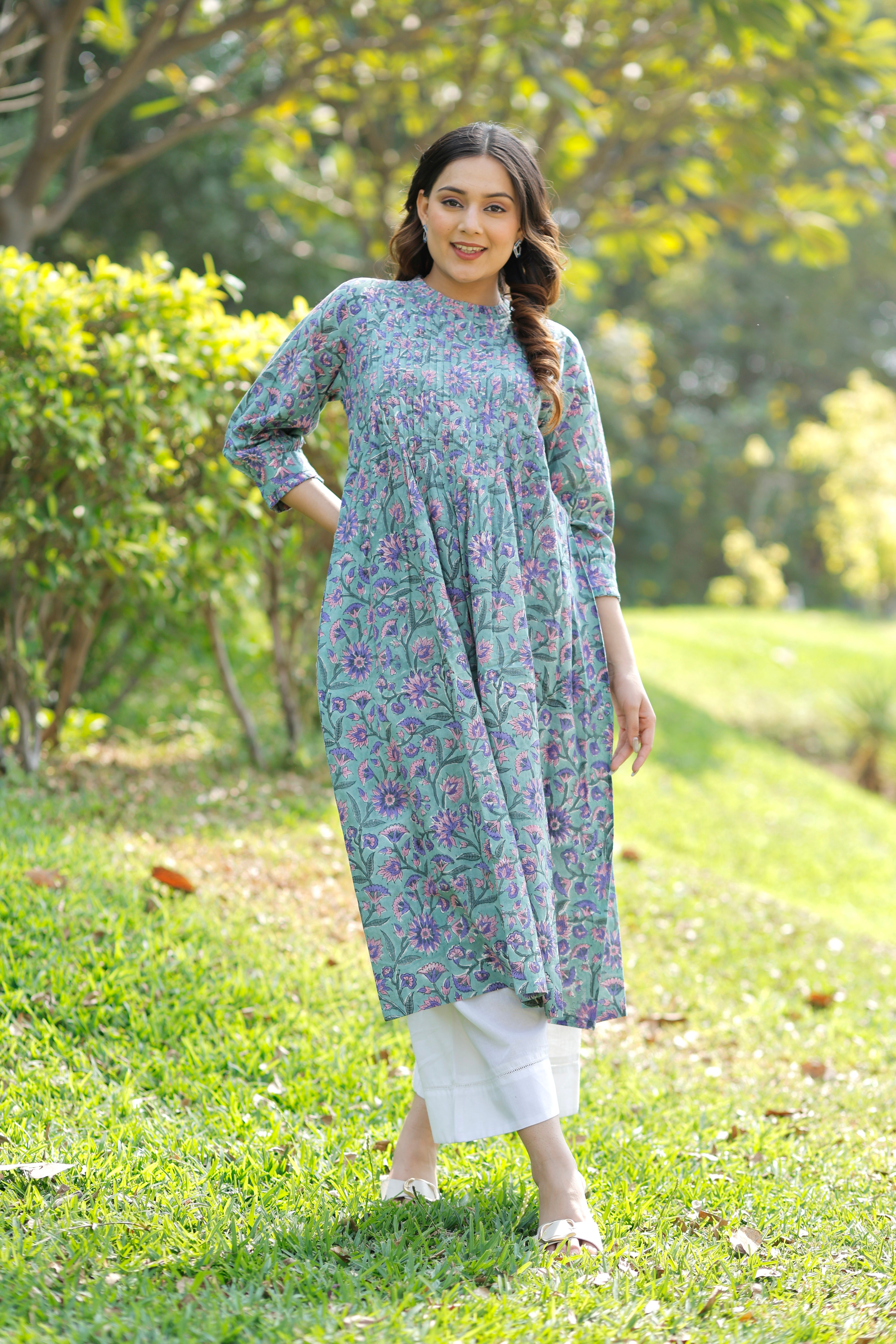 Sweet Sea green Hand Block Printed Cotton Kurta