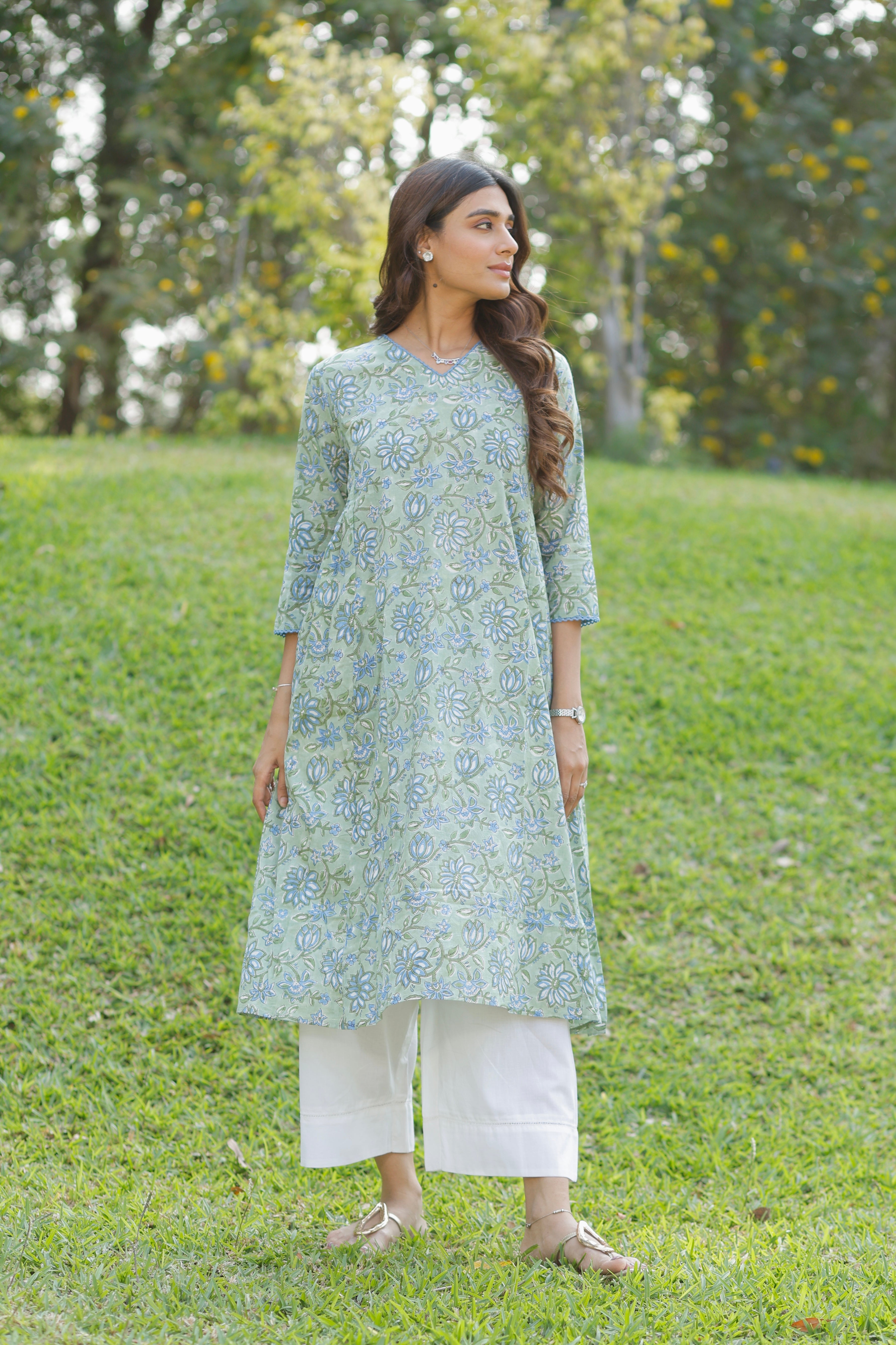 Mint Green Hand Block Printed Cotton Kurta