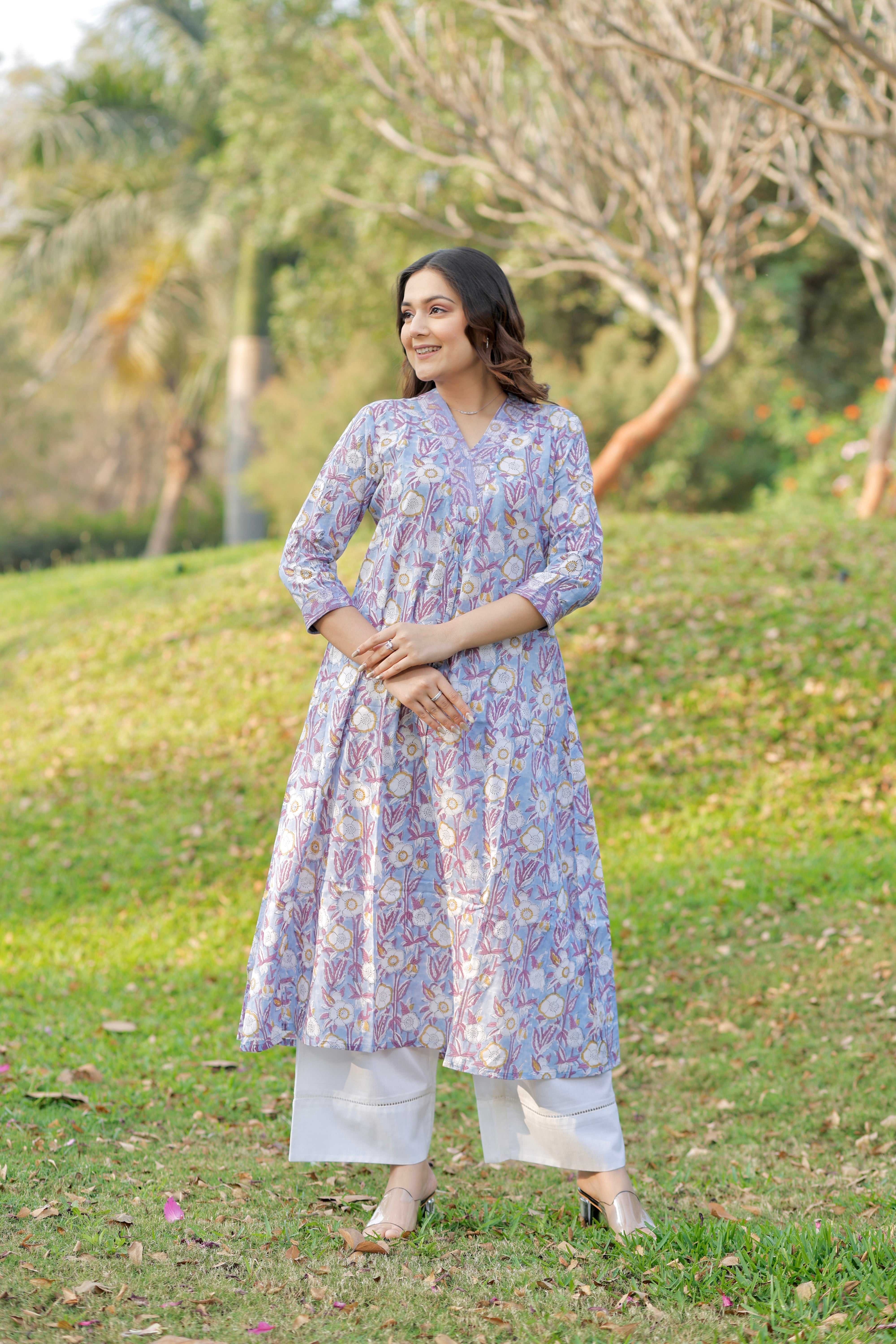 Lavender Petal Hand Block Printed Cotton Kurta