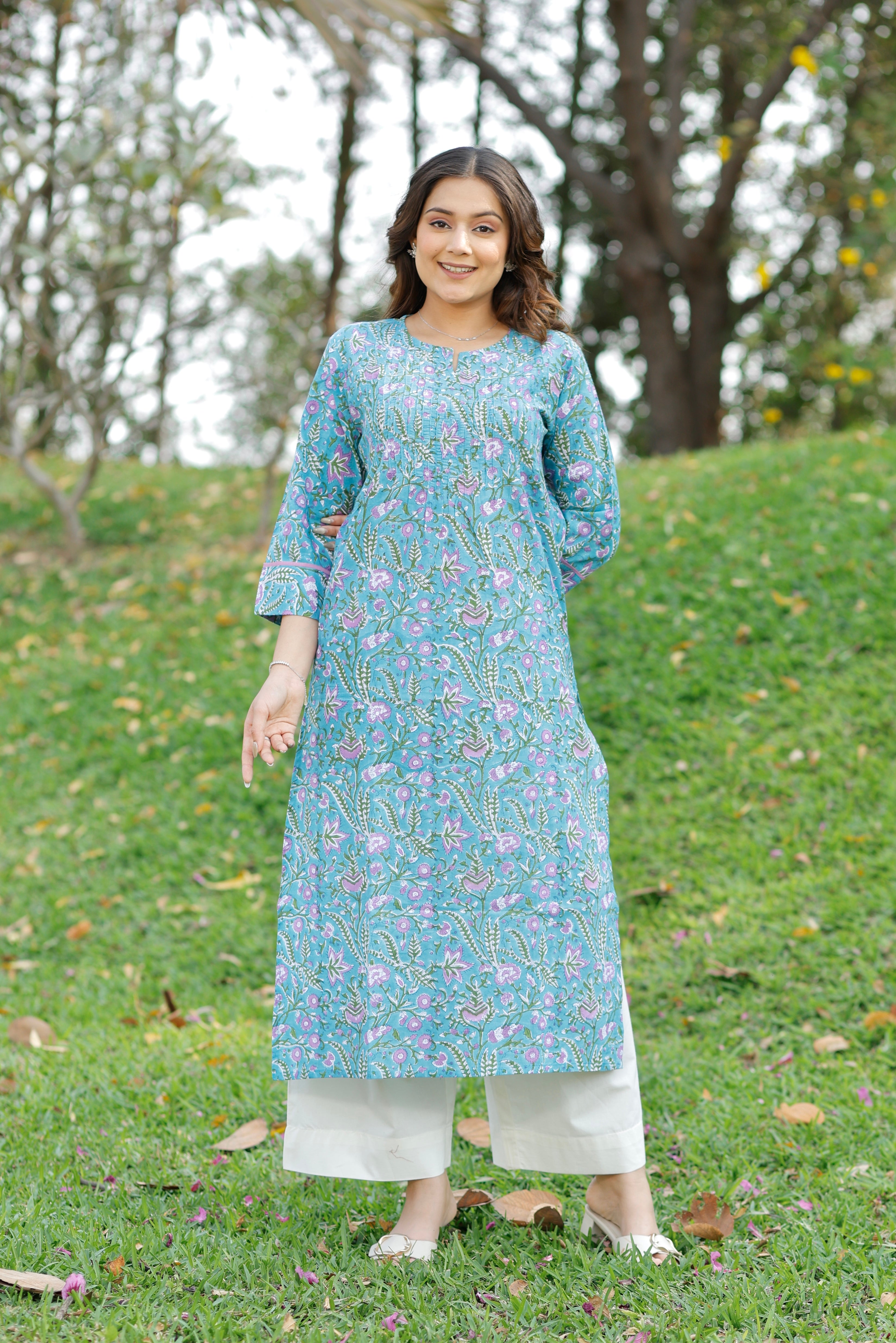 Aqua Bloom Hand Block Printed Cotton Kurta