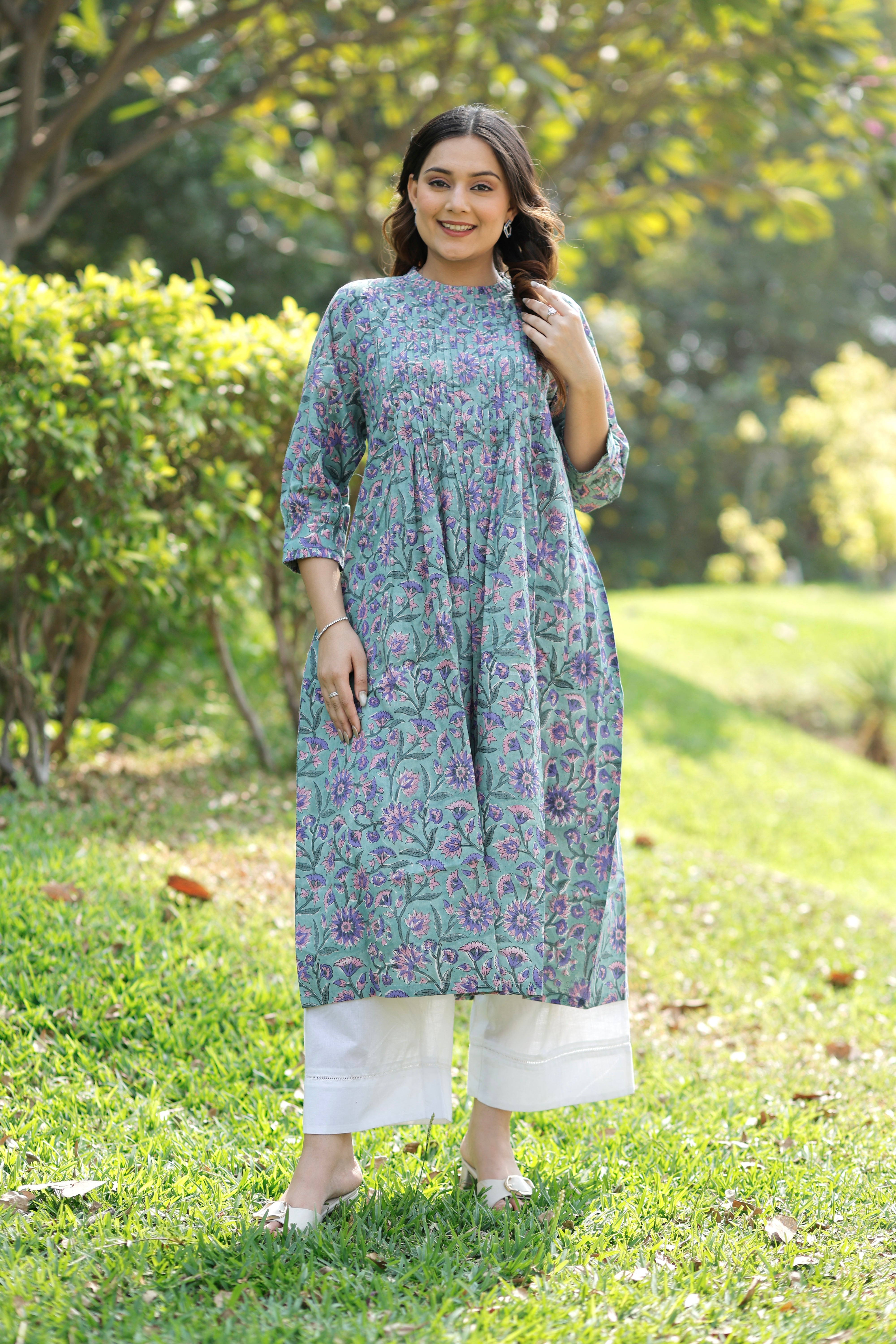 Sweet Sea green Hand Block Printed Cotton Kurta