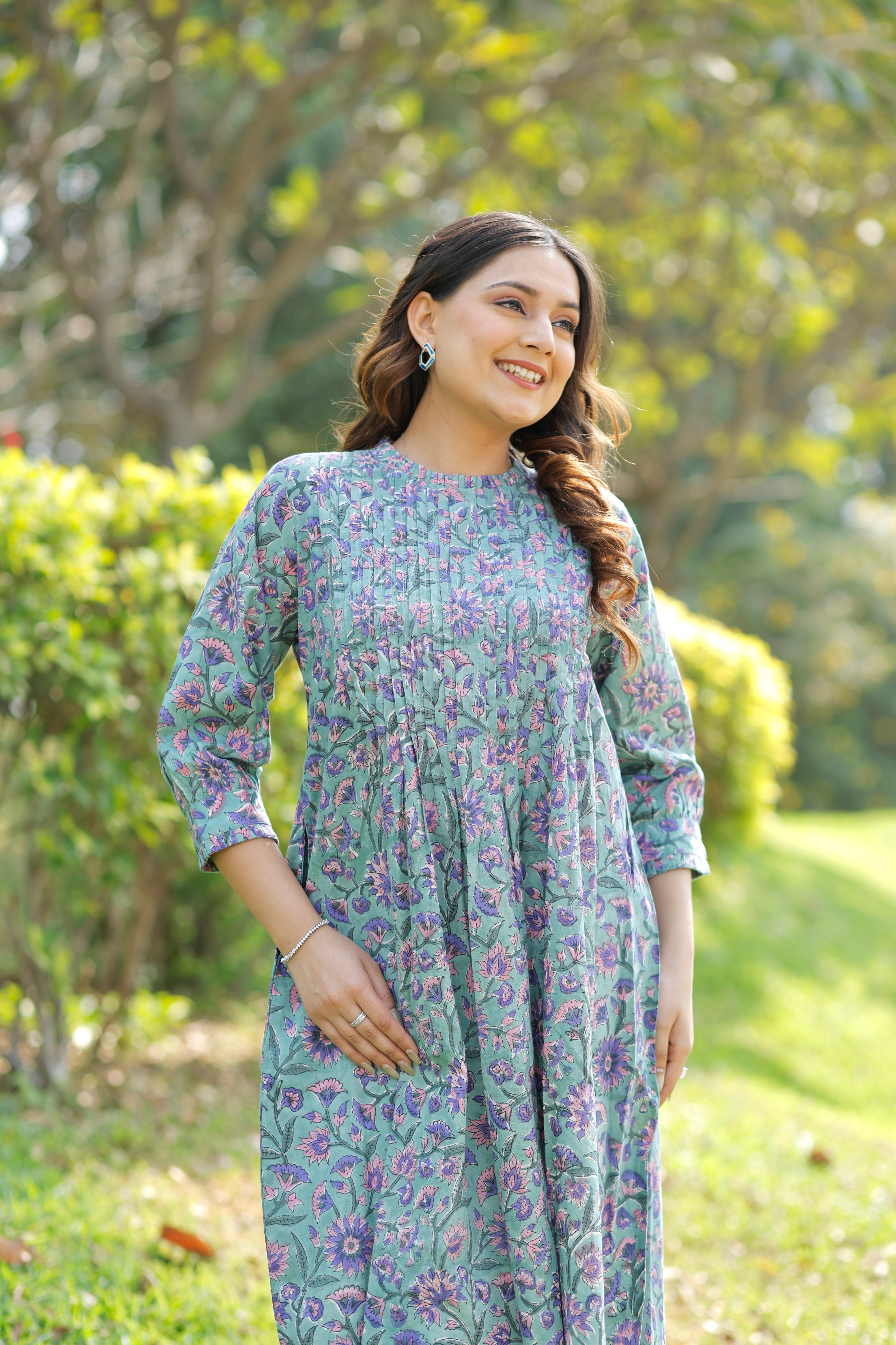 Sweet Sea green Hand Block Printed Cotton Kurta