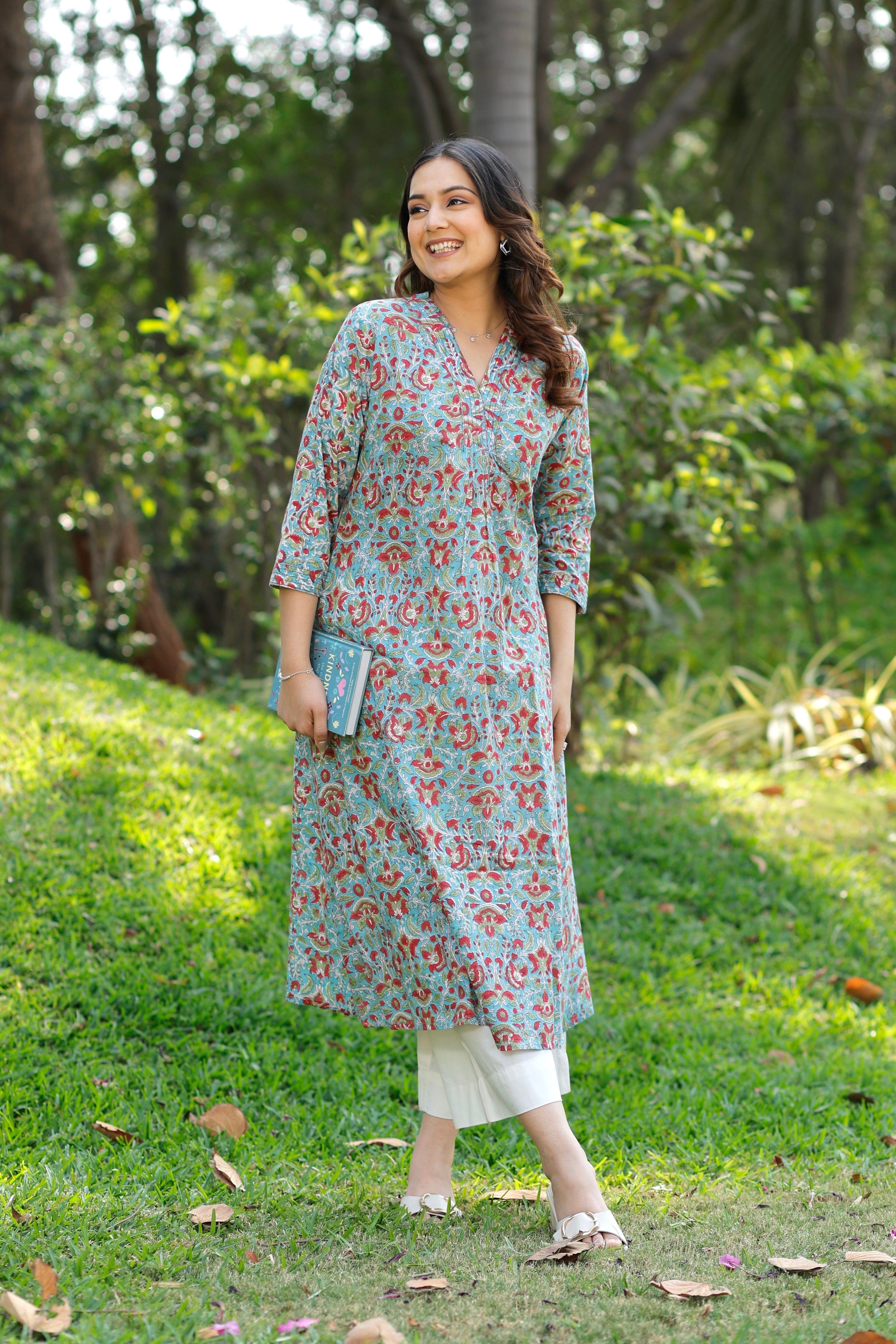 Soft Cadet Blue Hand Block Printed Cotton Kurta