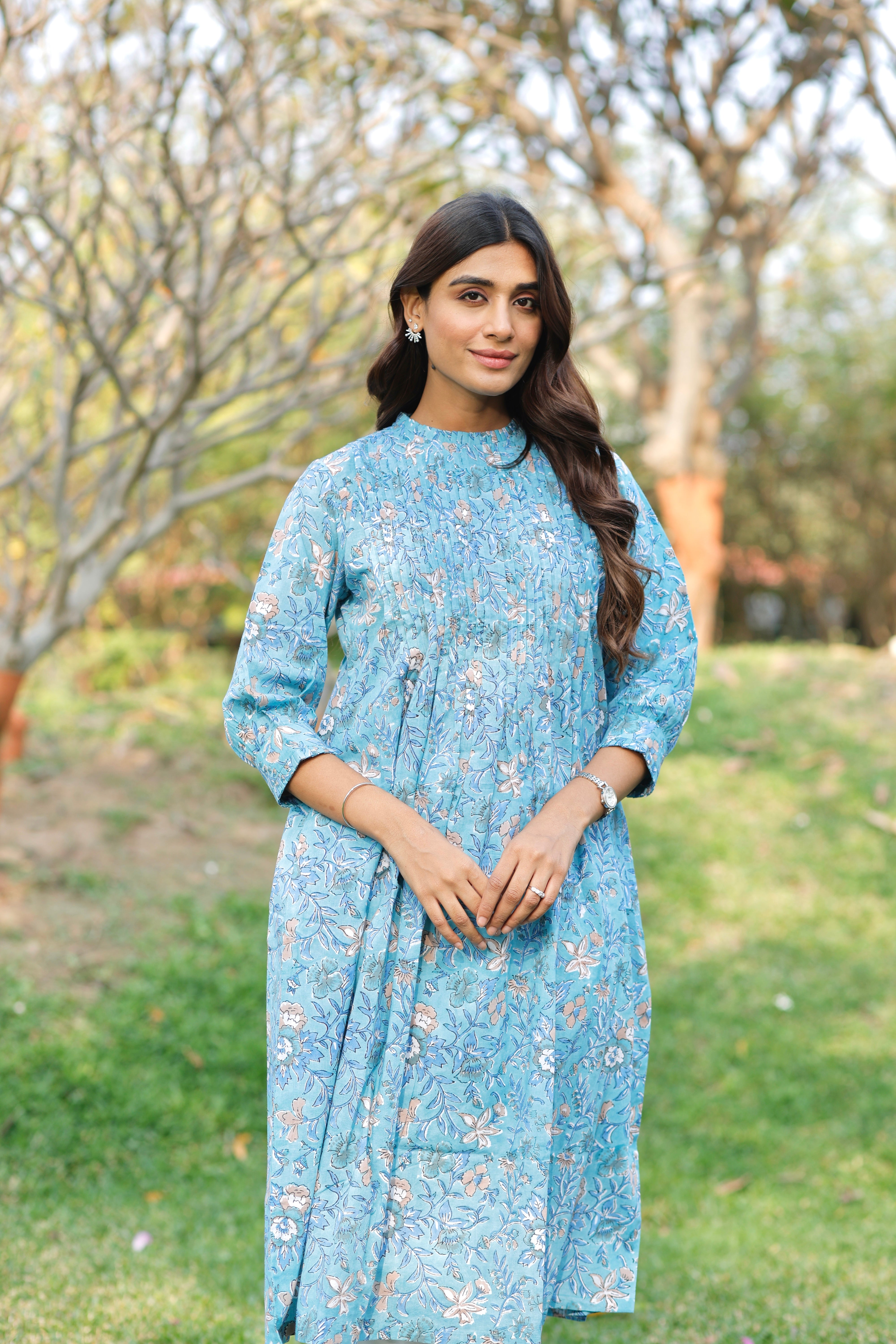 Aqua Blooming Hand Block Printed Cotton Kurta