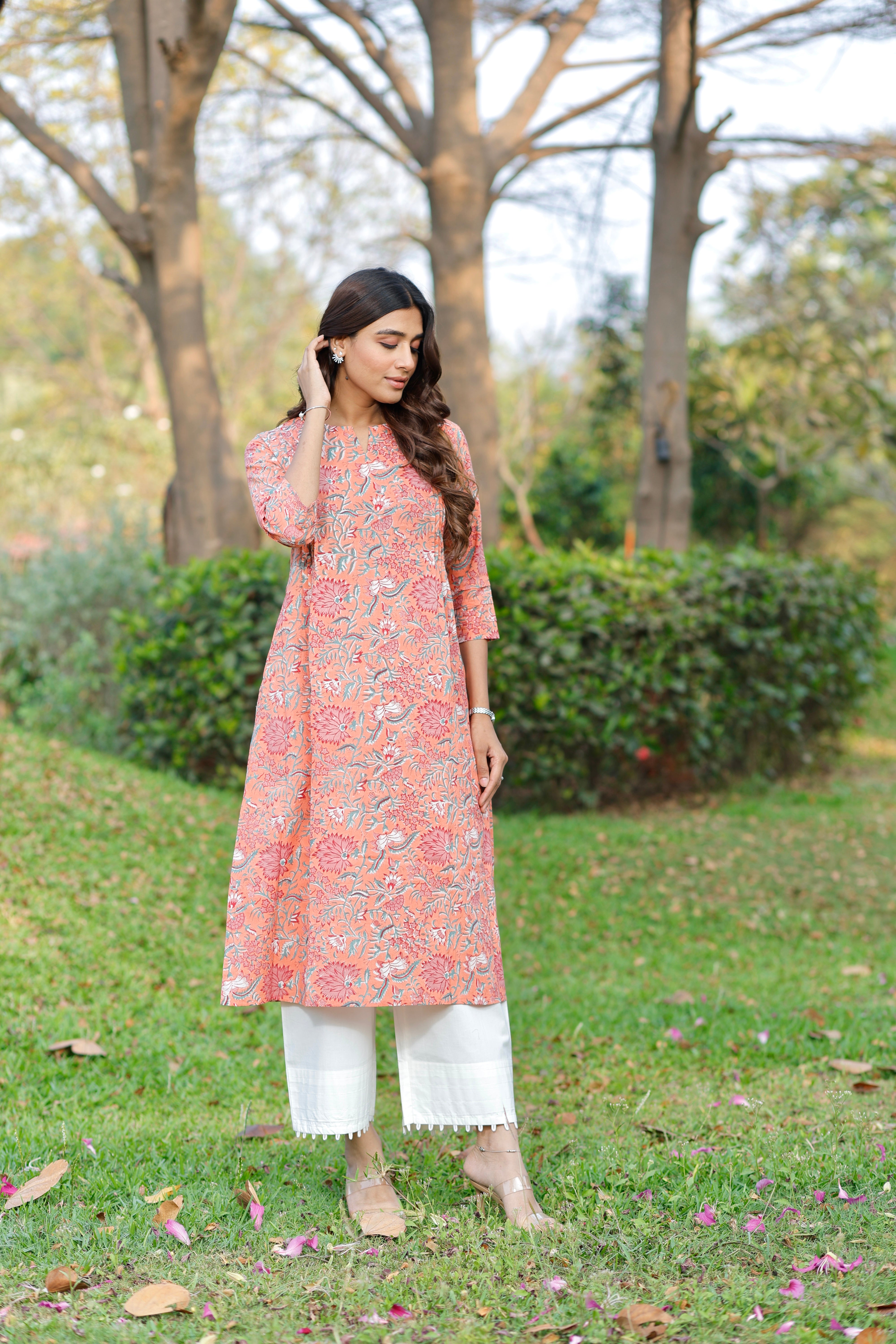 Blush Coral Hand Block Printed Cotton Kurta