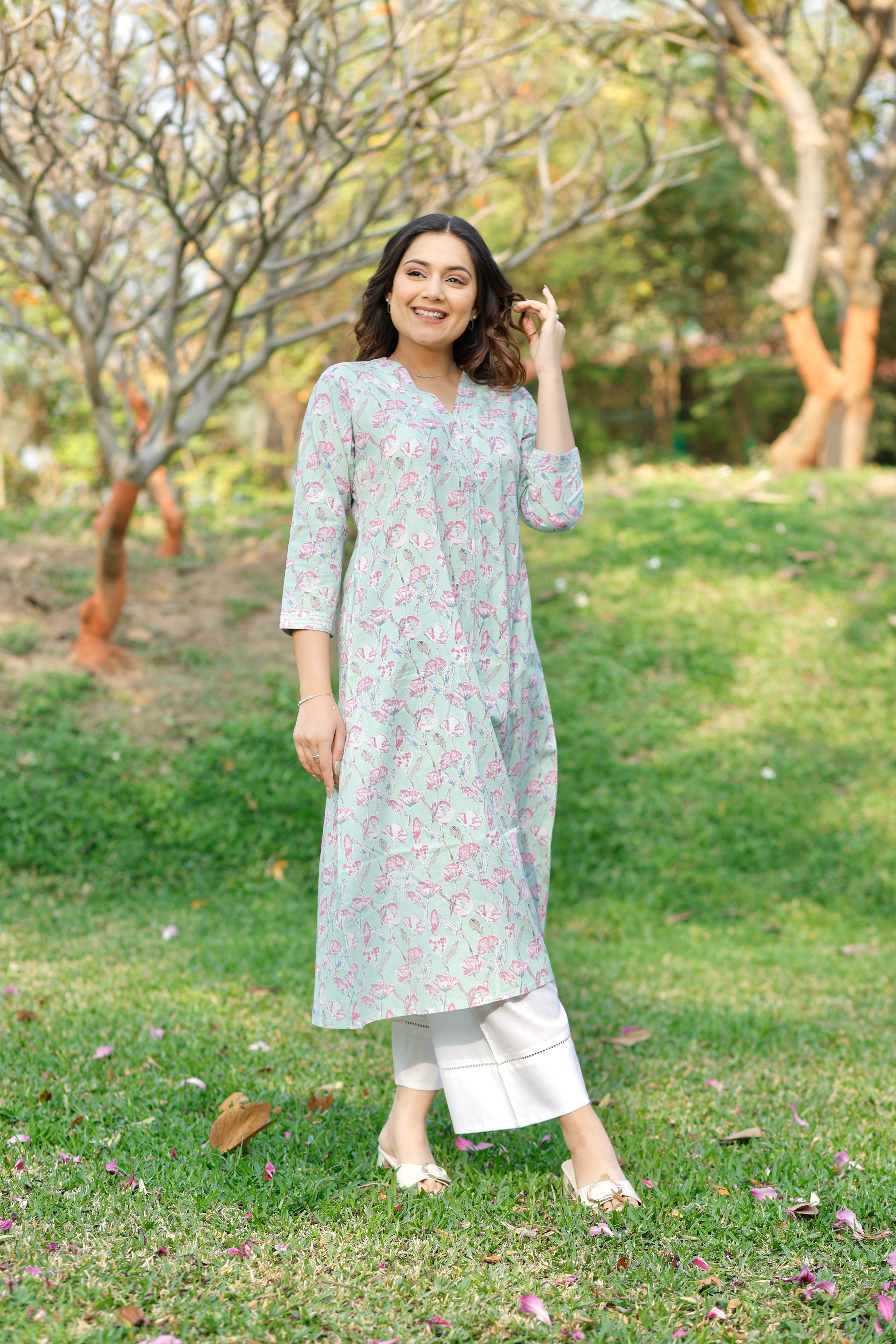 Mint Blossom Printed Cotton Kurta