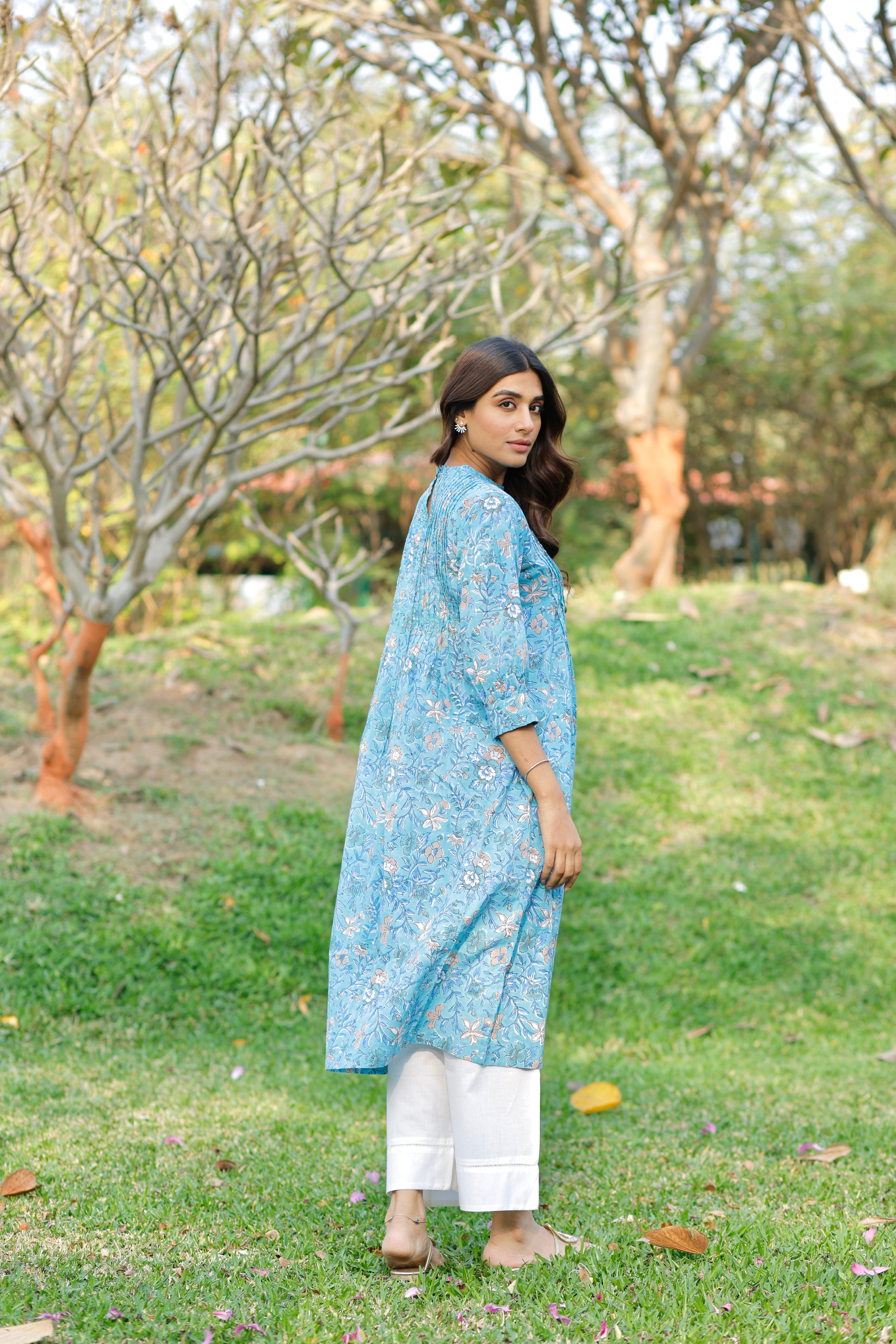 Aqua Blooming Hand Block Printed Cotton Kurta