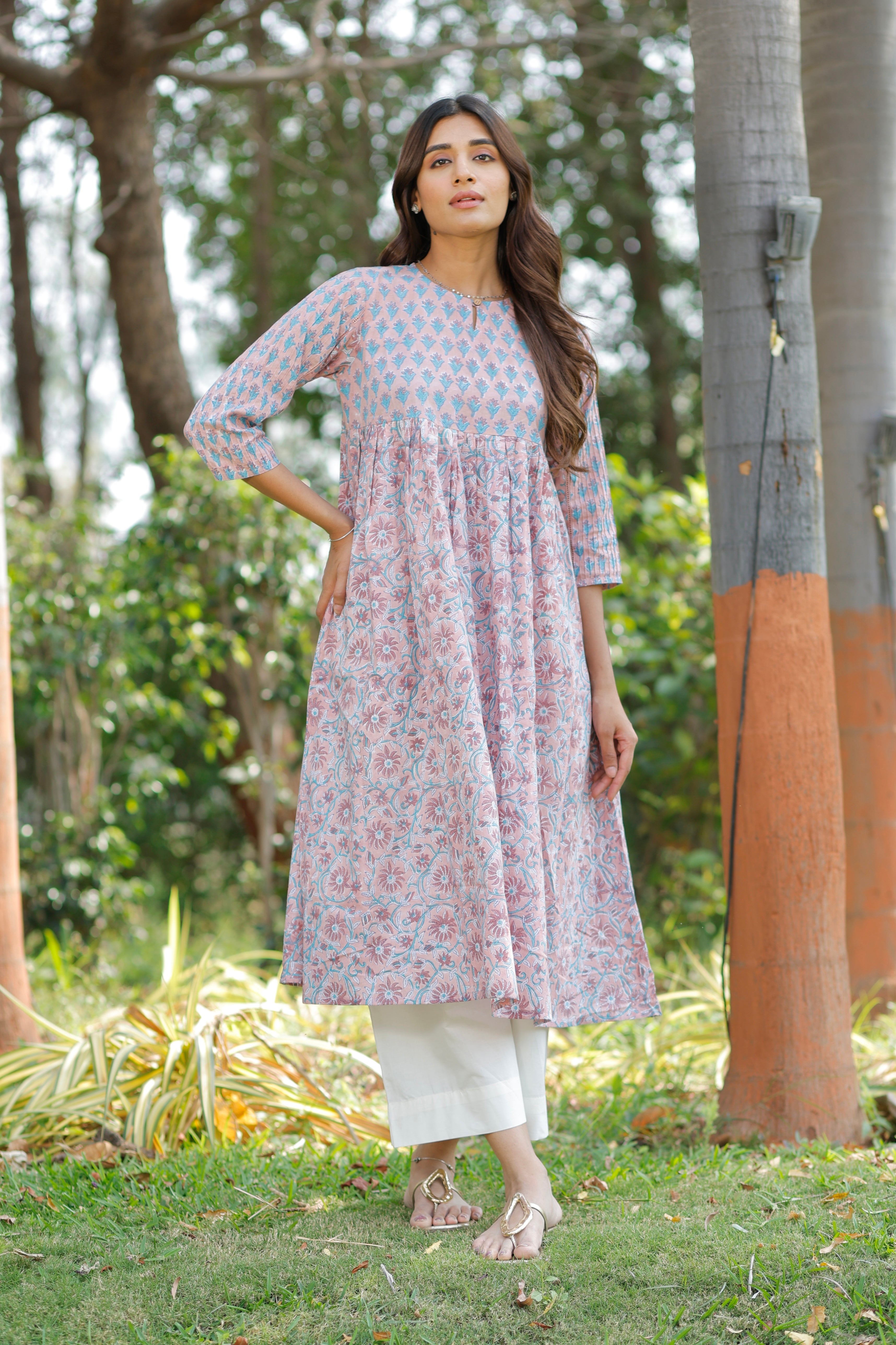 Pink Rose Petal Hand Block Printed Cotton Kurta