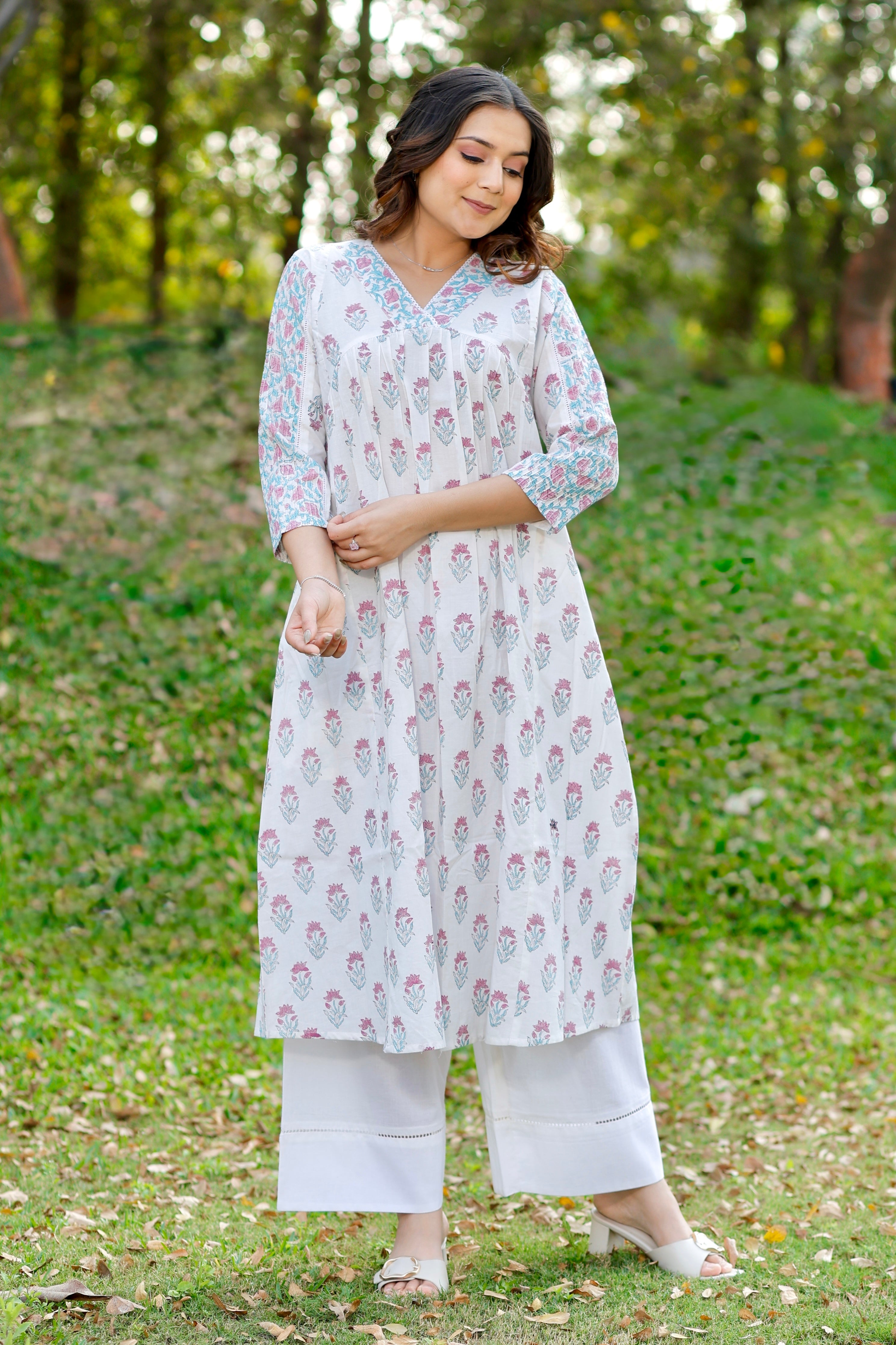 White Bloom Floral Hand Block Printed Cotton Kurta