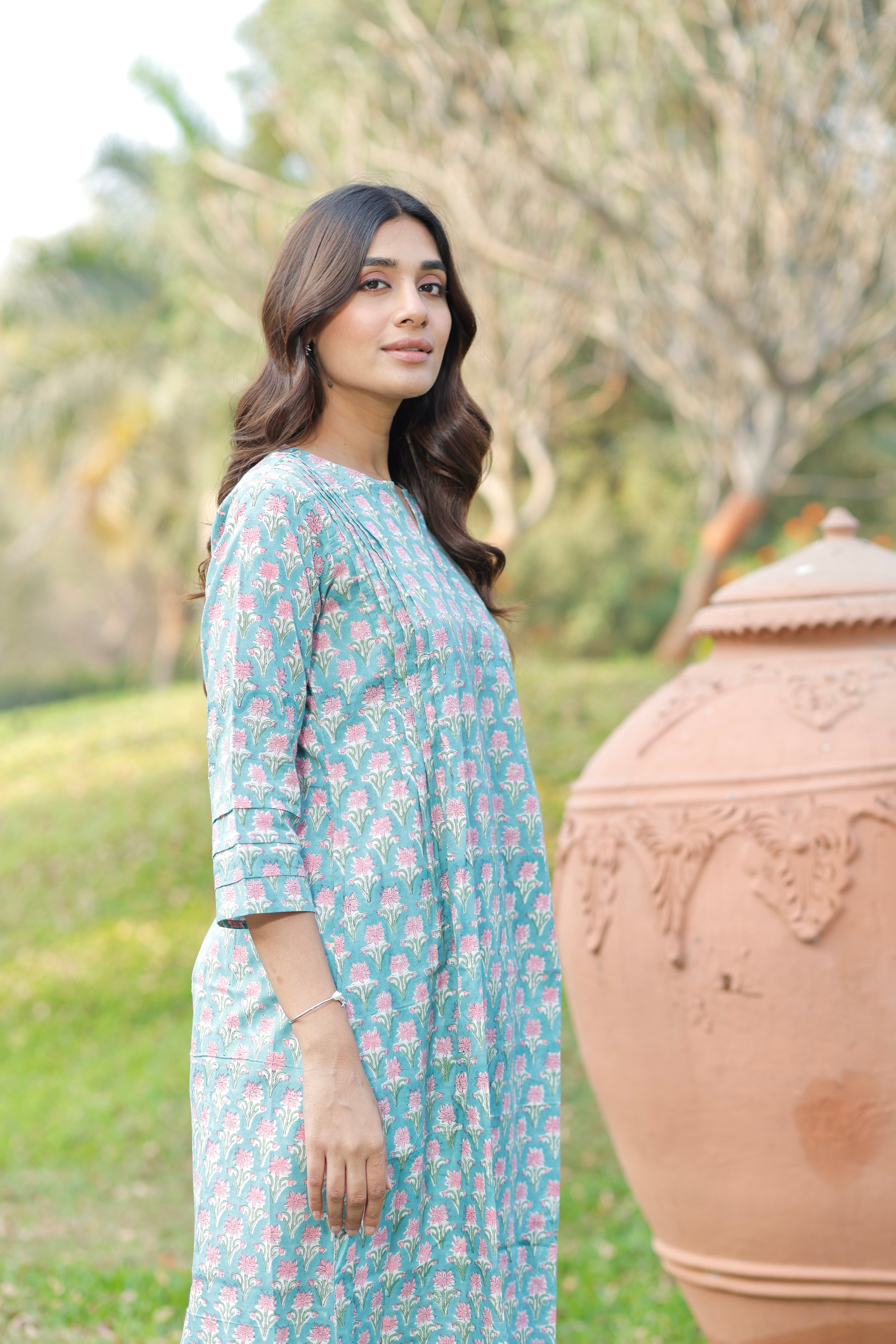 Soft Aqua blue Hand Block Printed Cotton Kurta