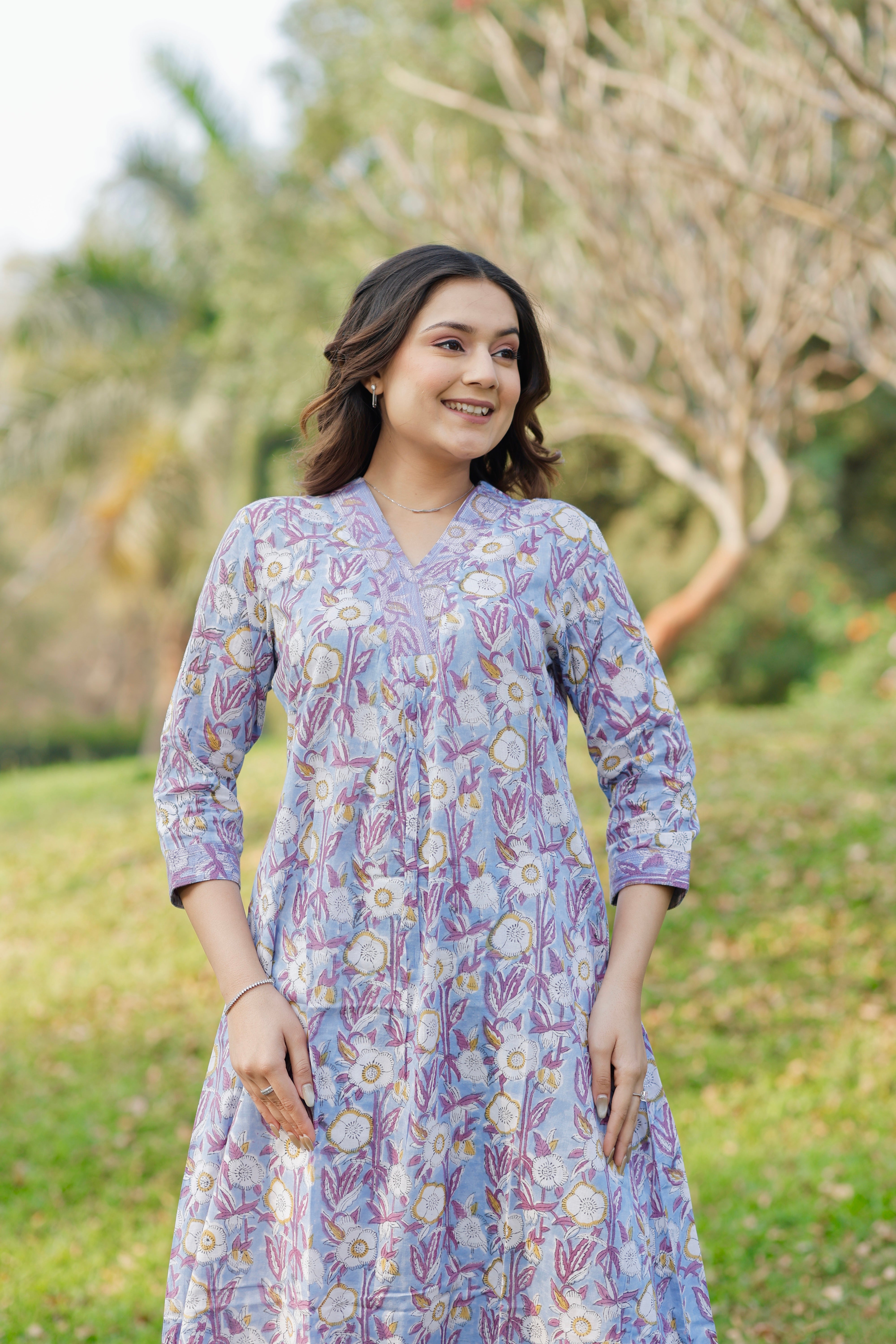 Lavender Petal Hand Block Printed Cotton Kurta