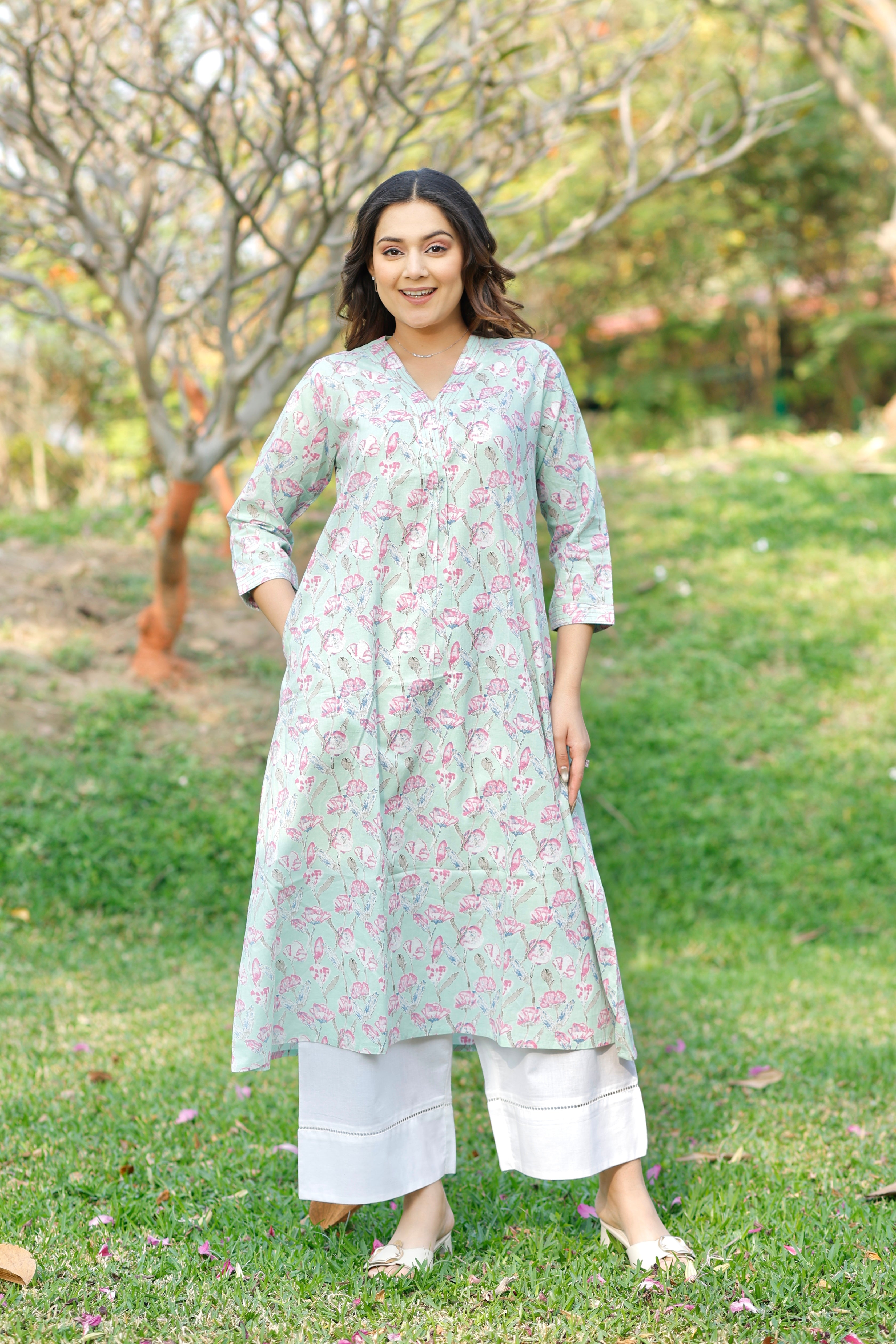 Mint Blossom Printed Cotton Kurta
