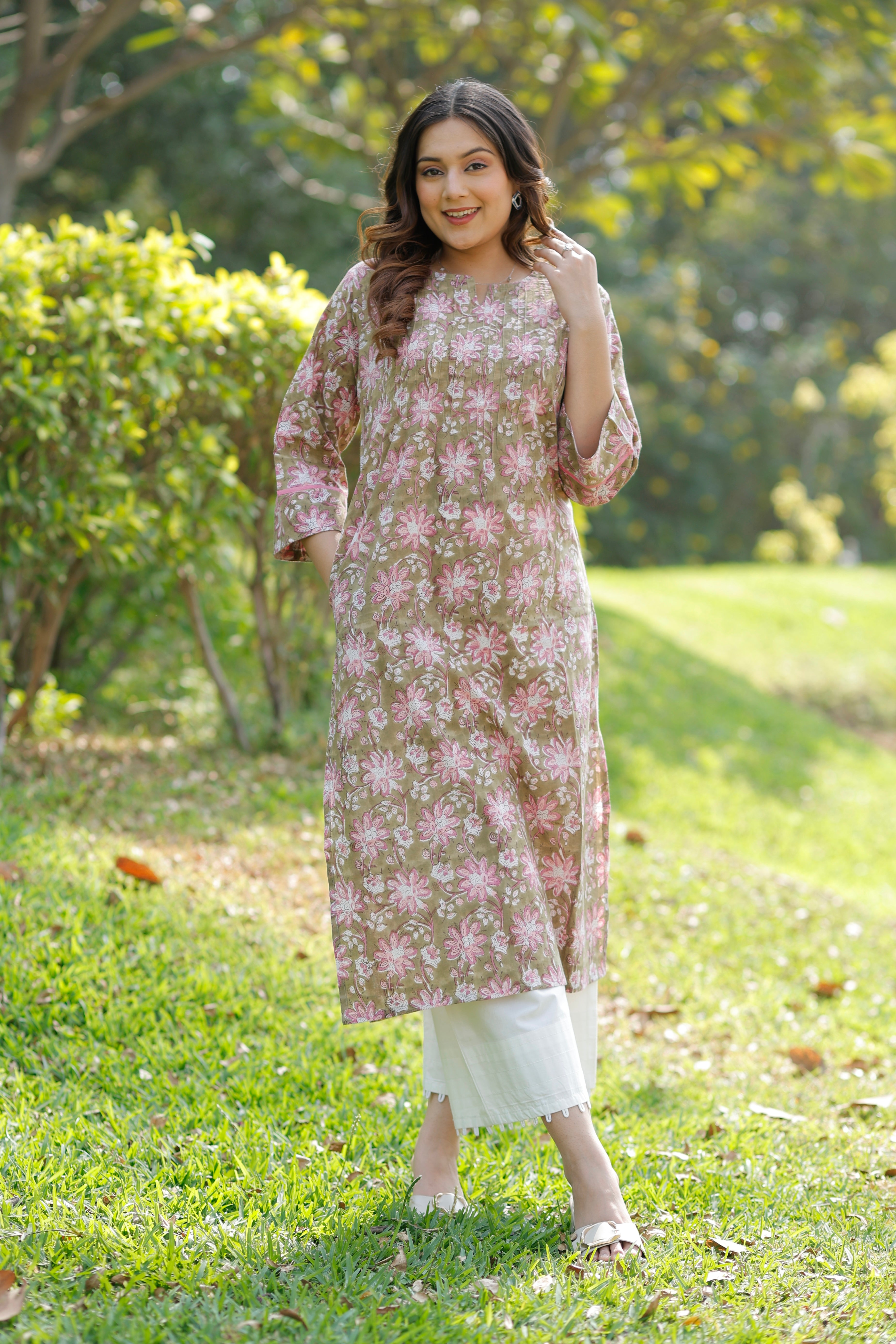 Olive Blush Hand Block Printed Cotton Kurta