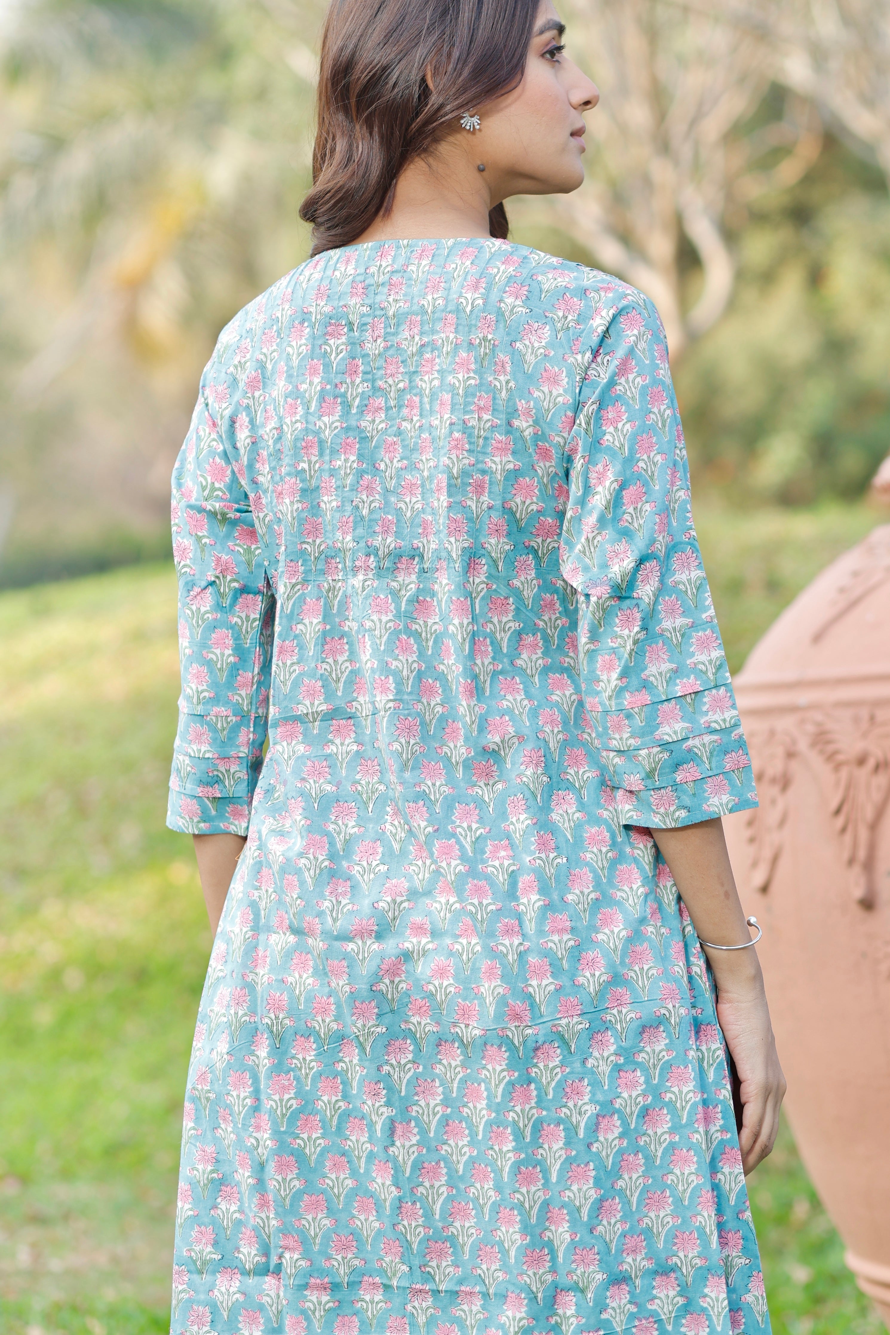 Soft Aqua blue Hand Block Printed Cotton Kurta