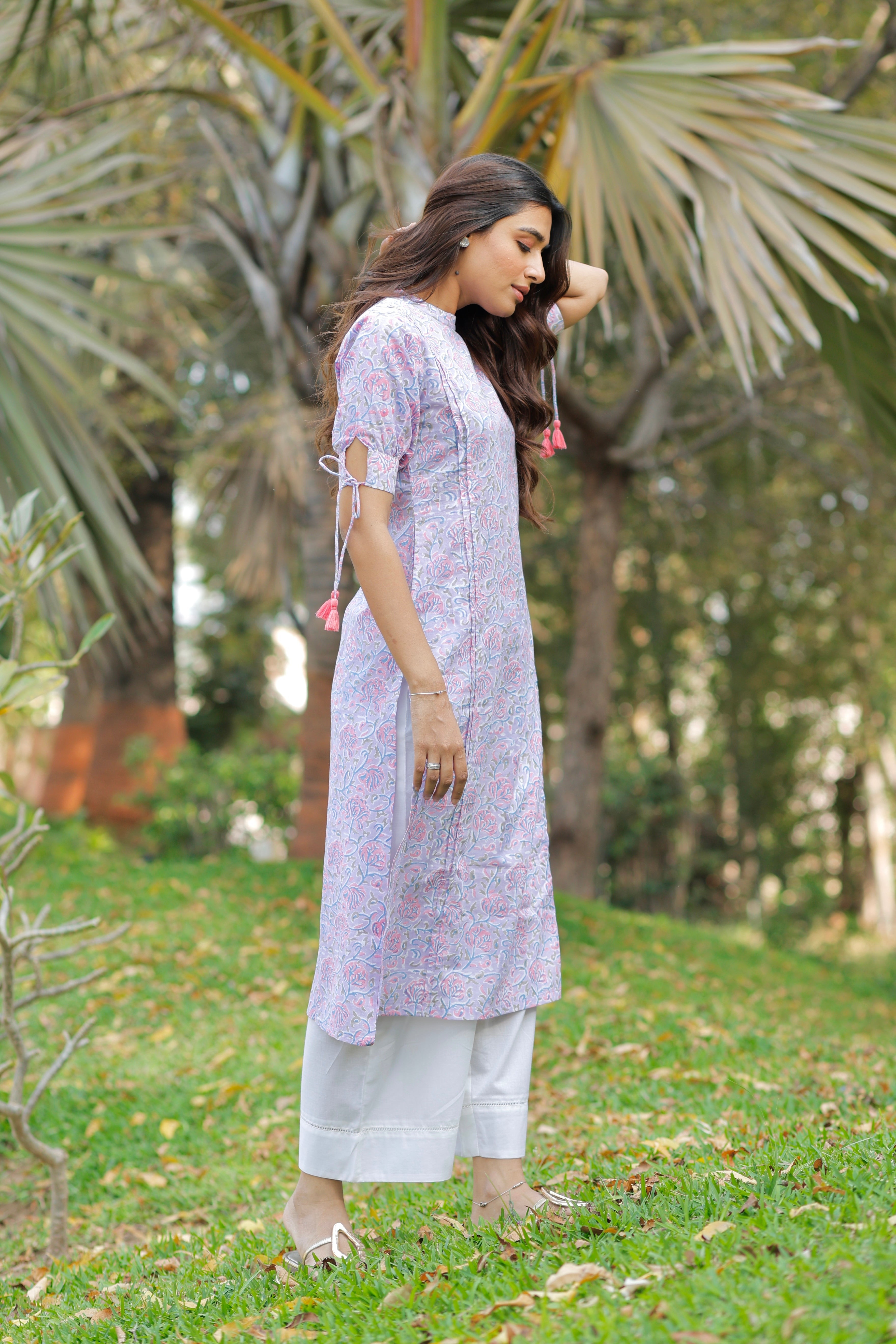 Misty Blue Hand Block Printed Cotton Kurta