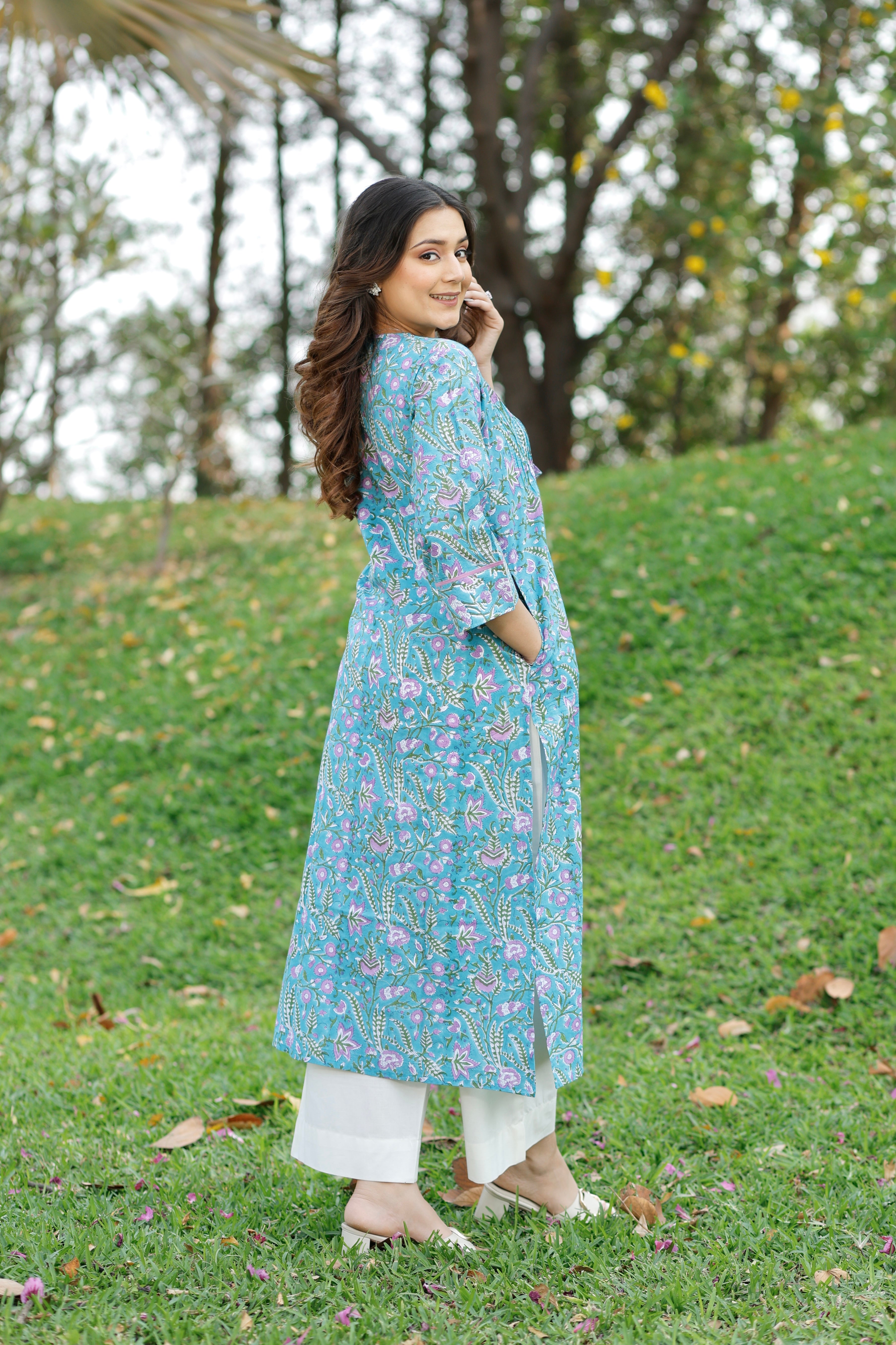 Aqua Bloom Hand Block Printed Cotton Kurta