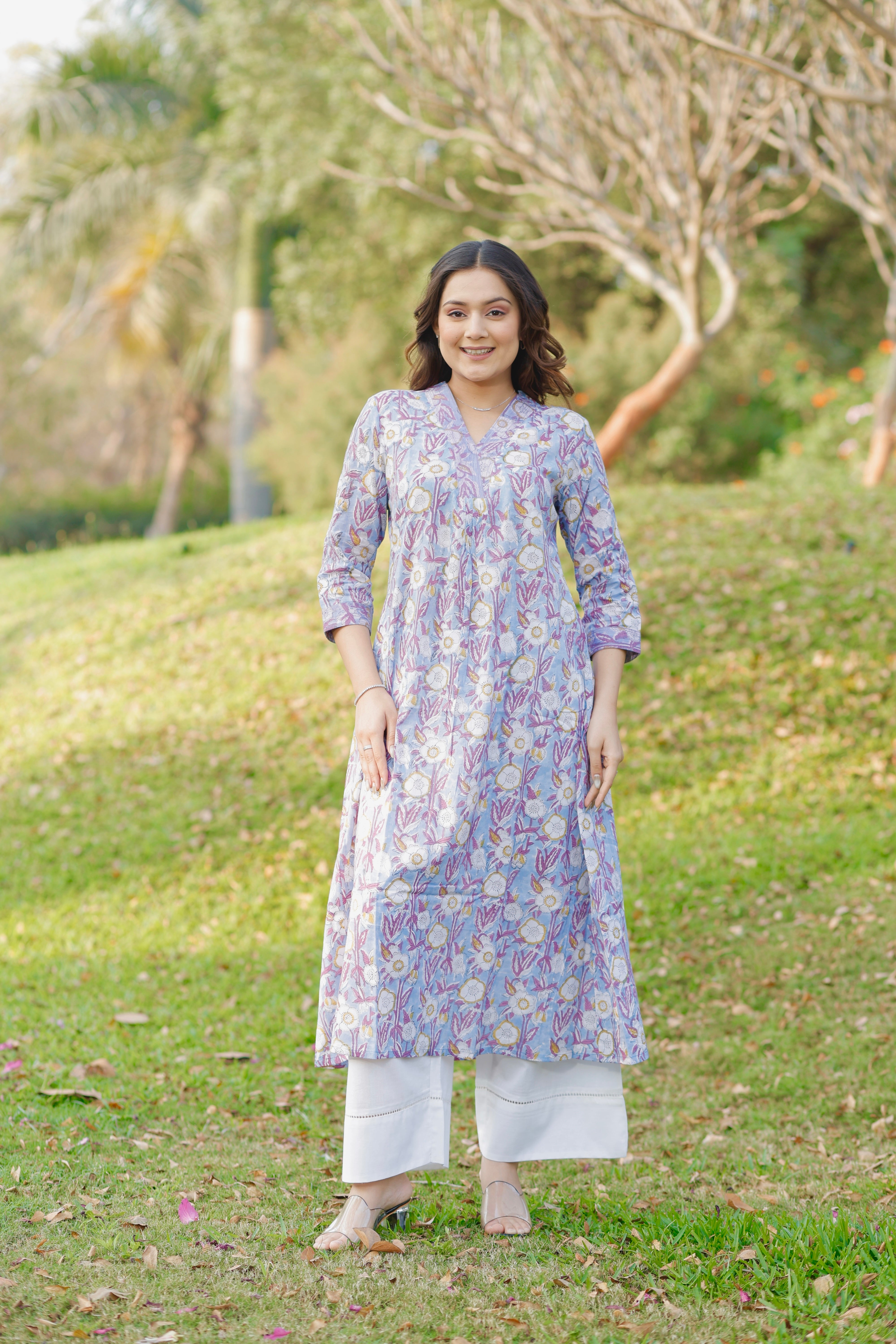 Lavender Petal Hand Block Printed Cotton Kurta