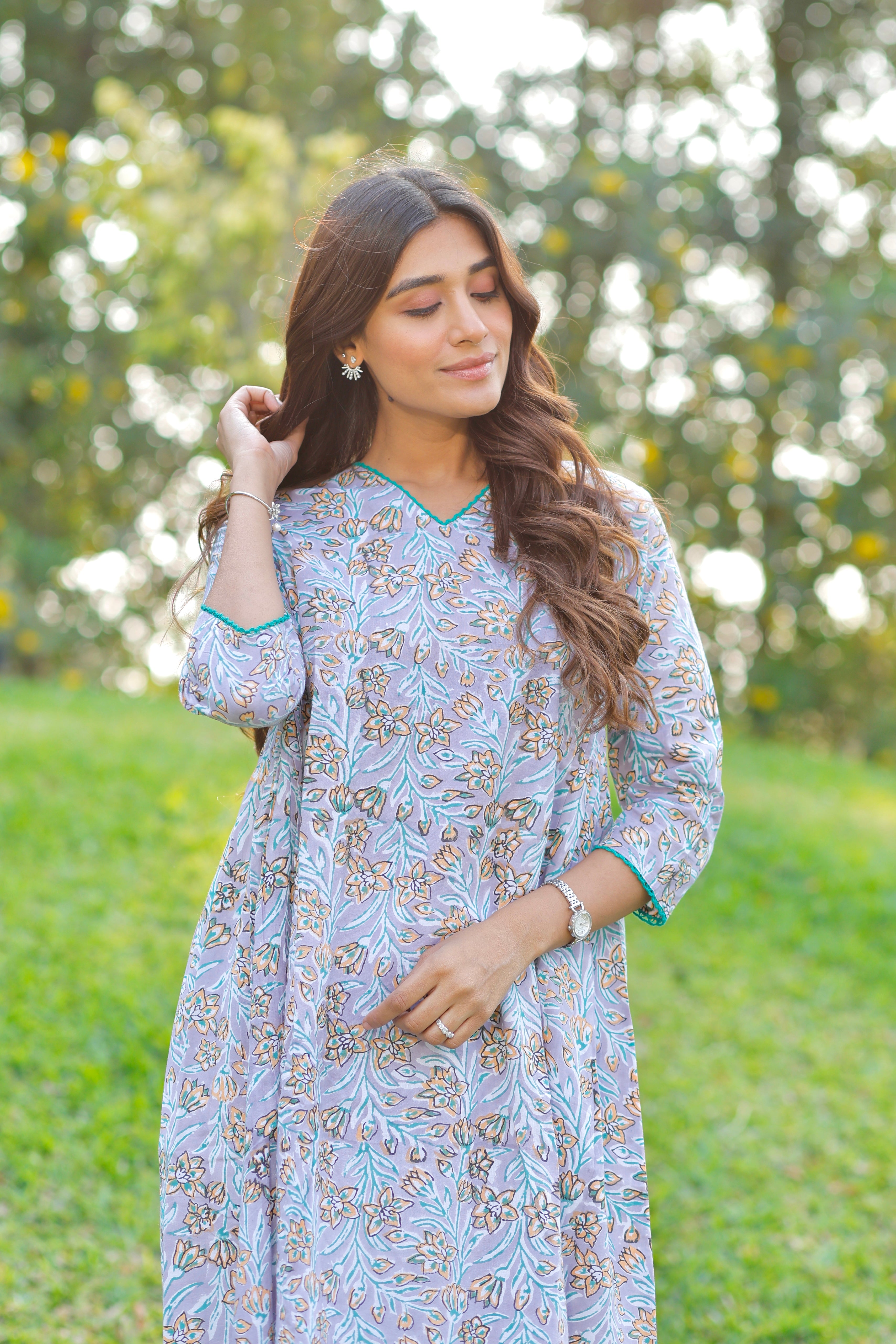 Lavender Love Hand Block Printed Cotton Kurta