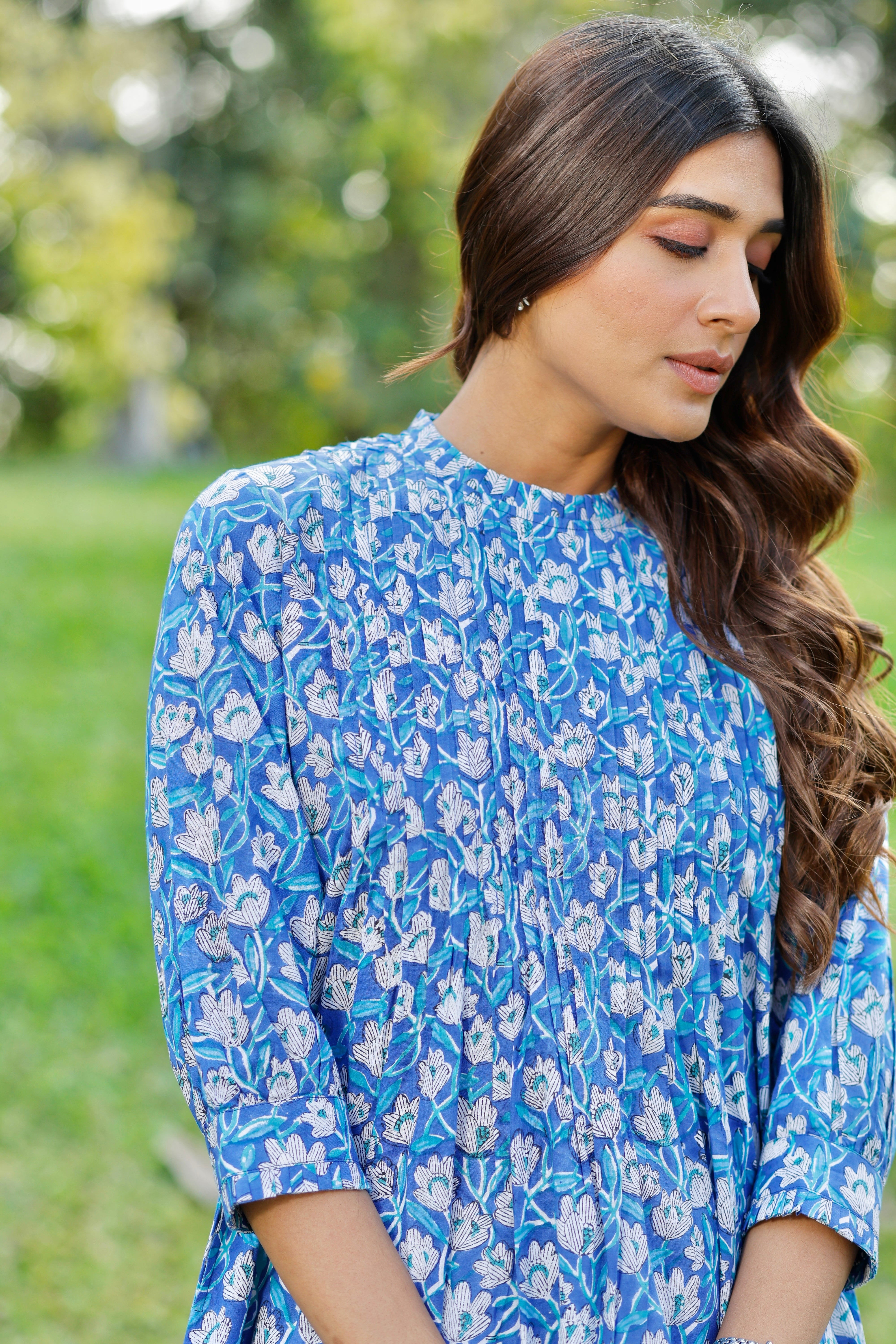 Blooming Blue Hand Block Printed Cotton Kurta