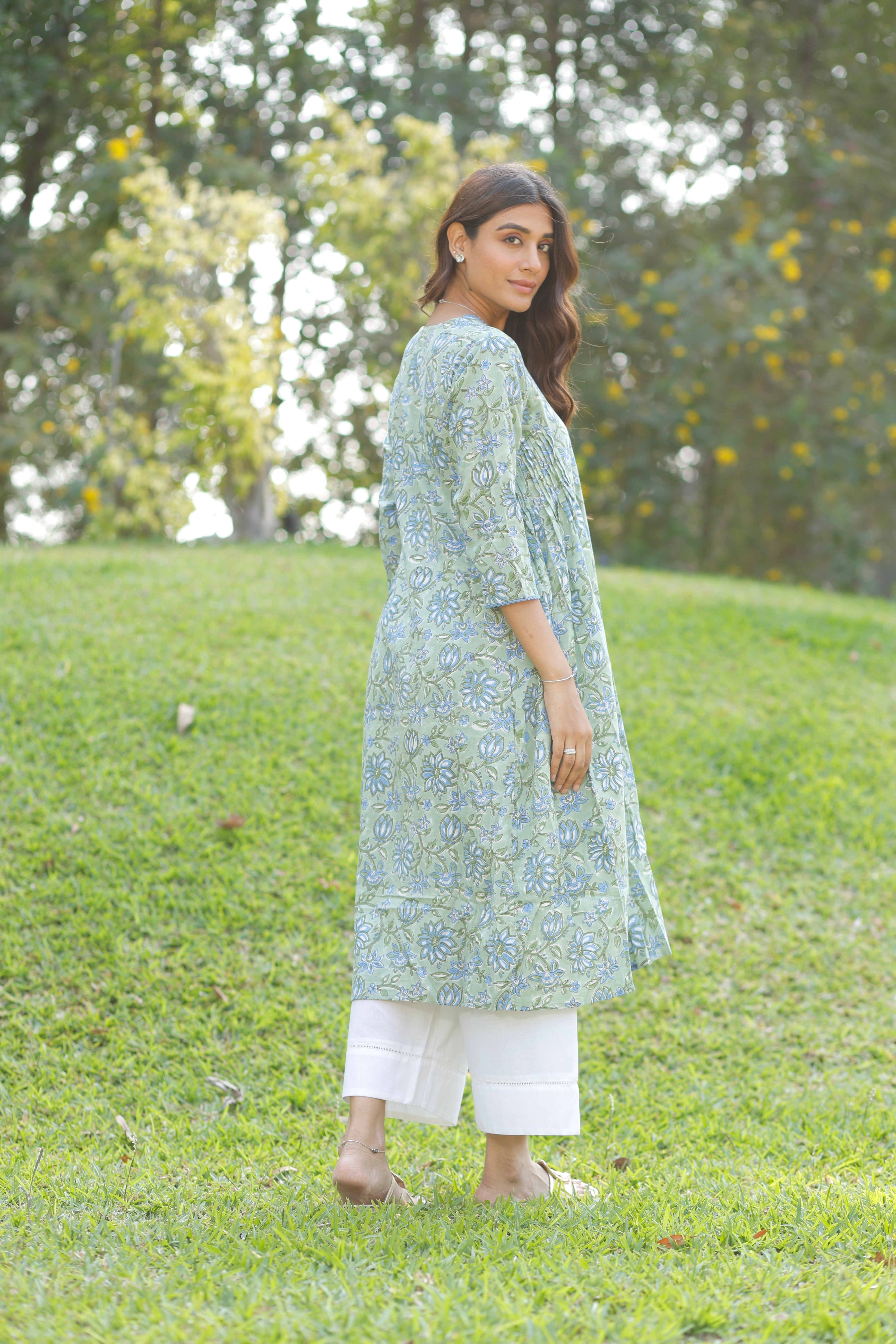 Mint Green Hand Block Printed Cotton Kurta
