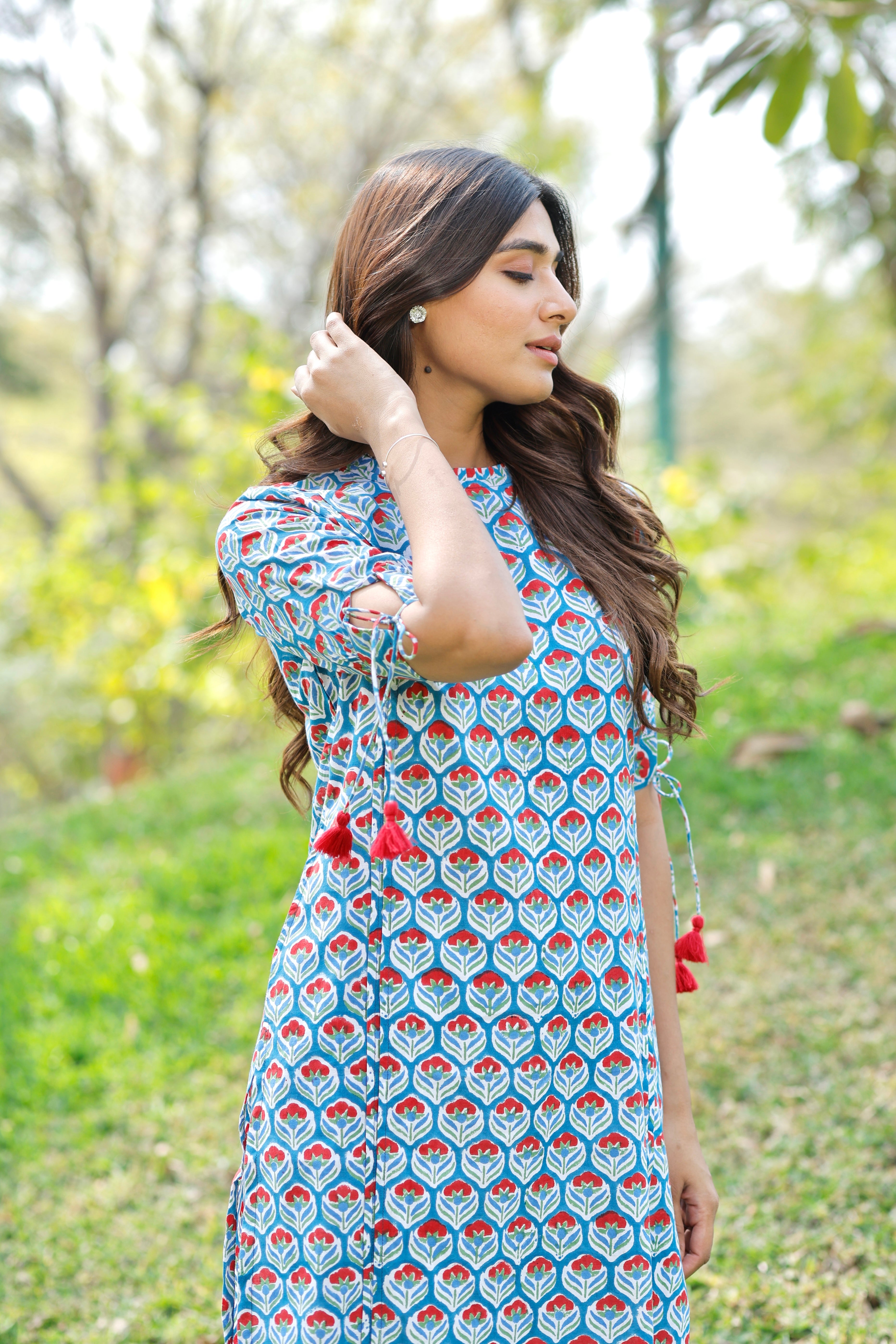 Teal Blue Hand Block Printed Cotton Kurta