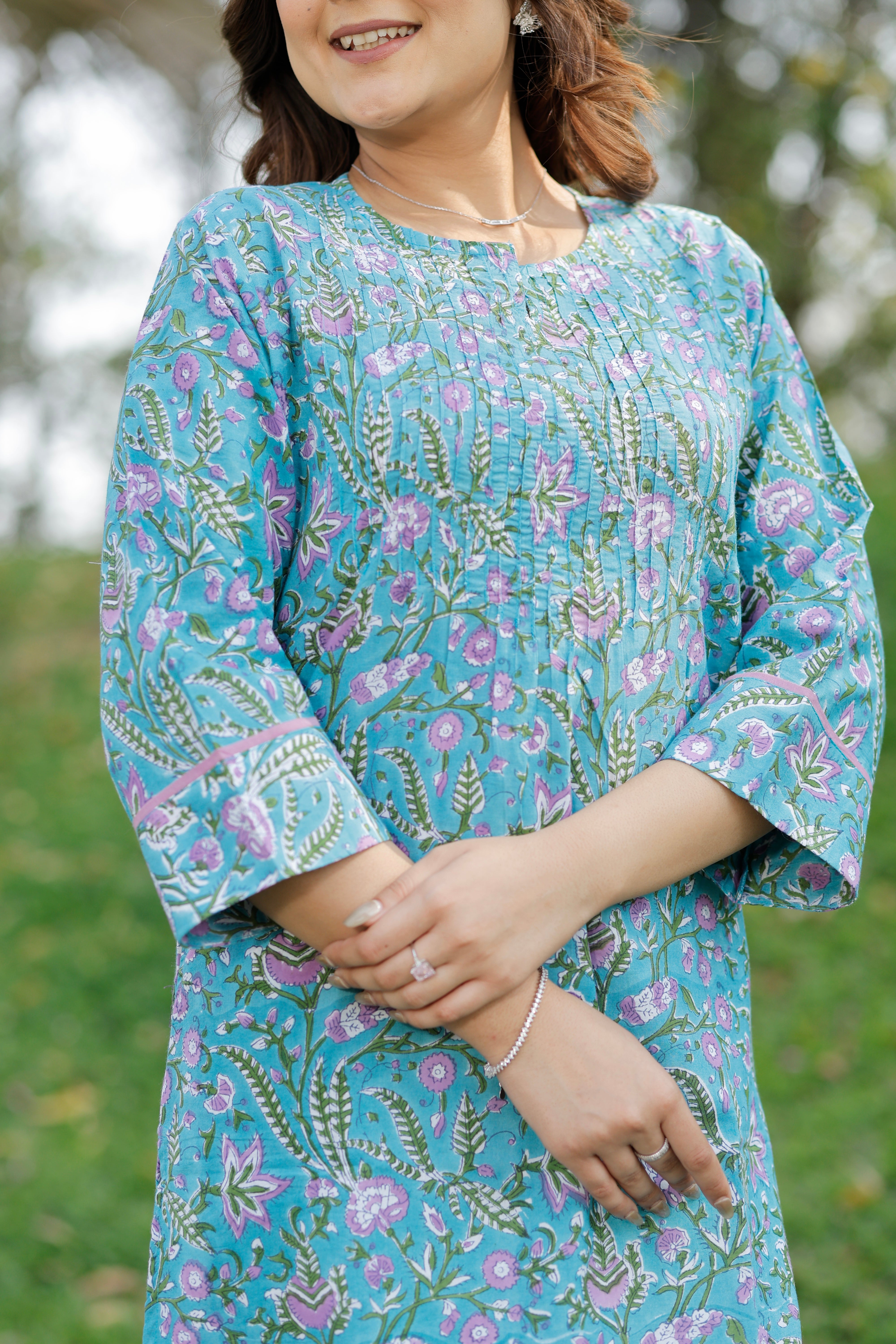 Aqua Bloom Hand Block Printed Cotton Kurta
