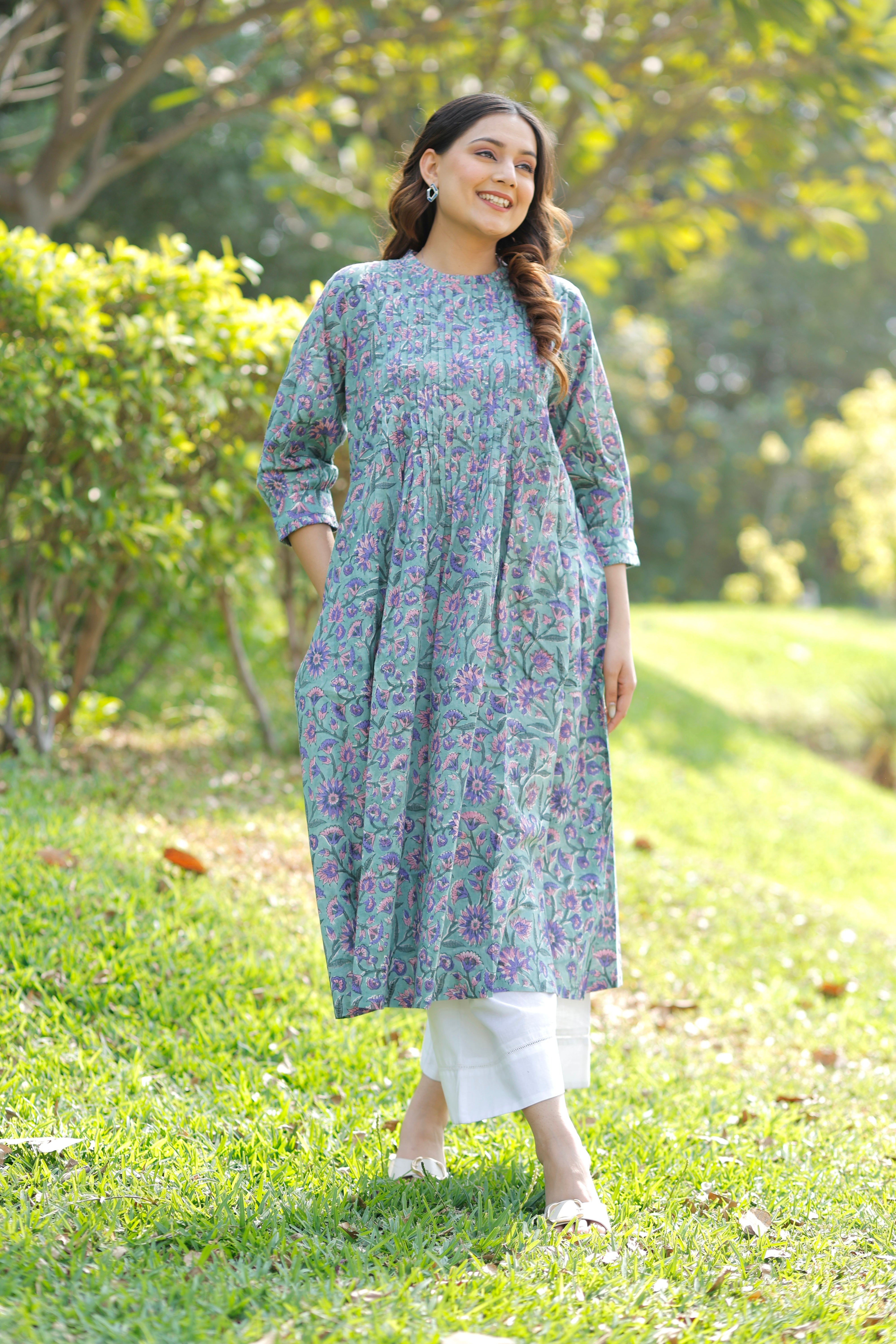 Sweet Sea green Hand Block Printed Cotton Kurta