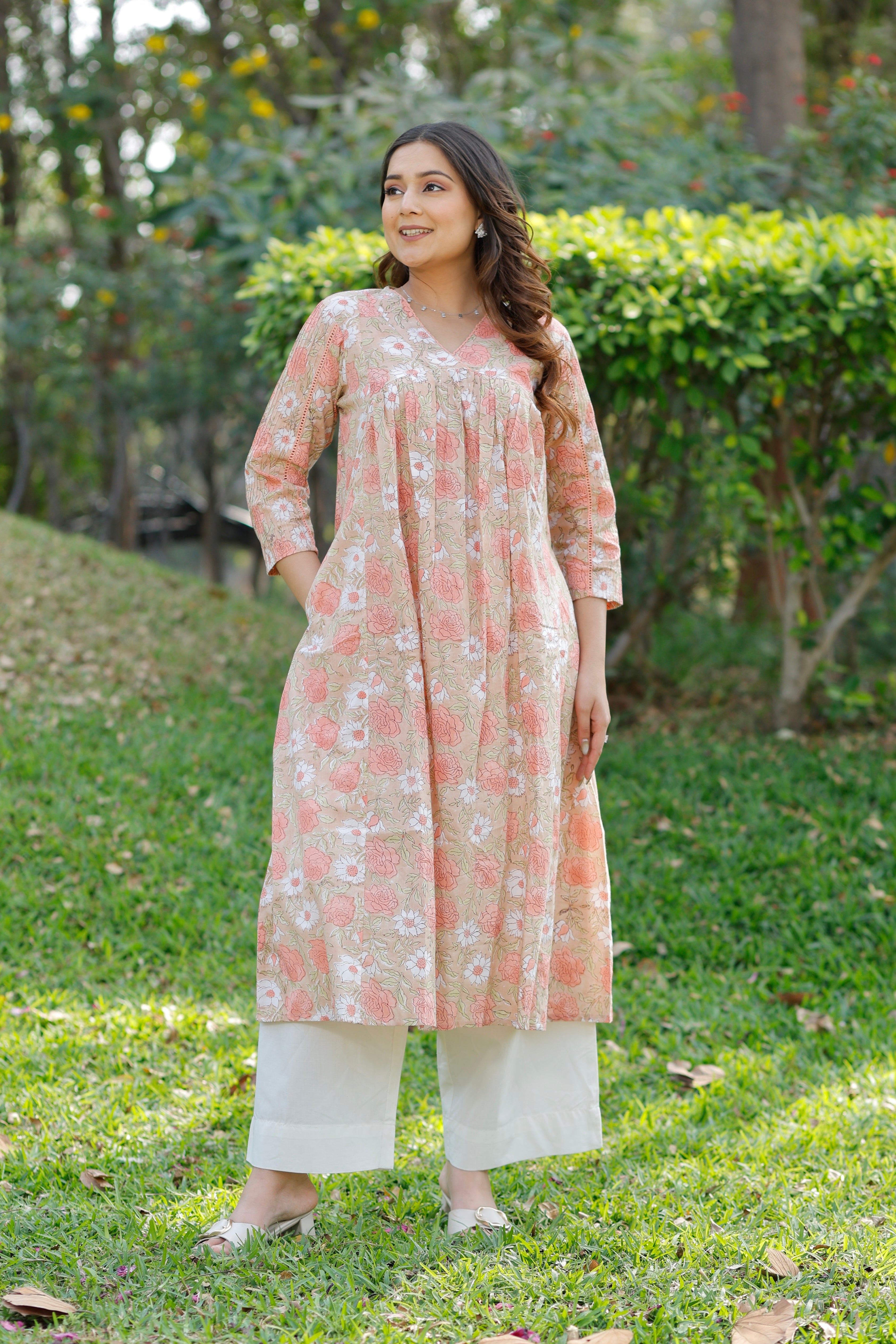 Soft Sand Hand Block Printed Cotton Kurta