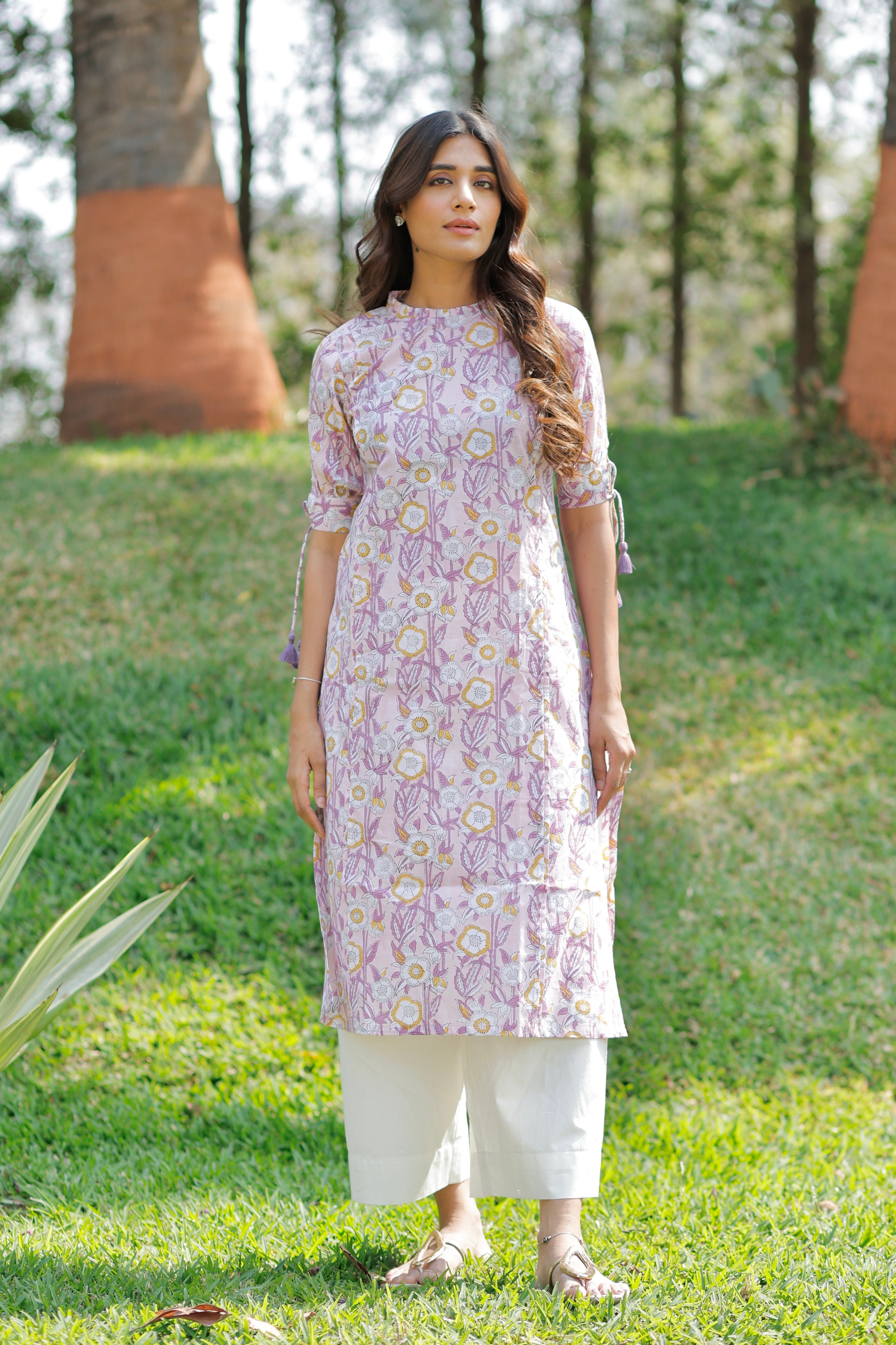 Pink Blossom Hand Block Printed Cotton Kurta