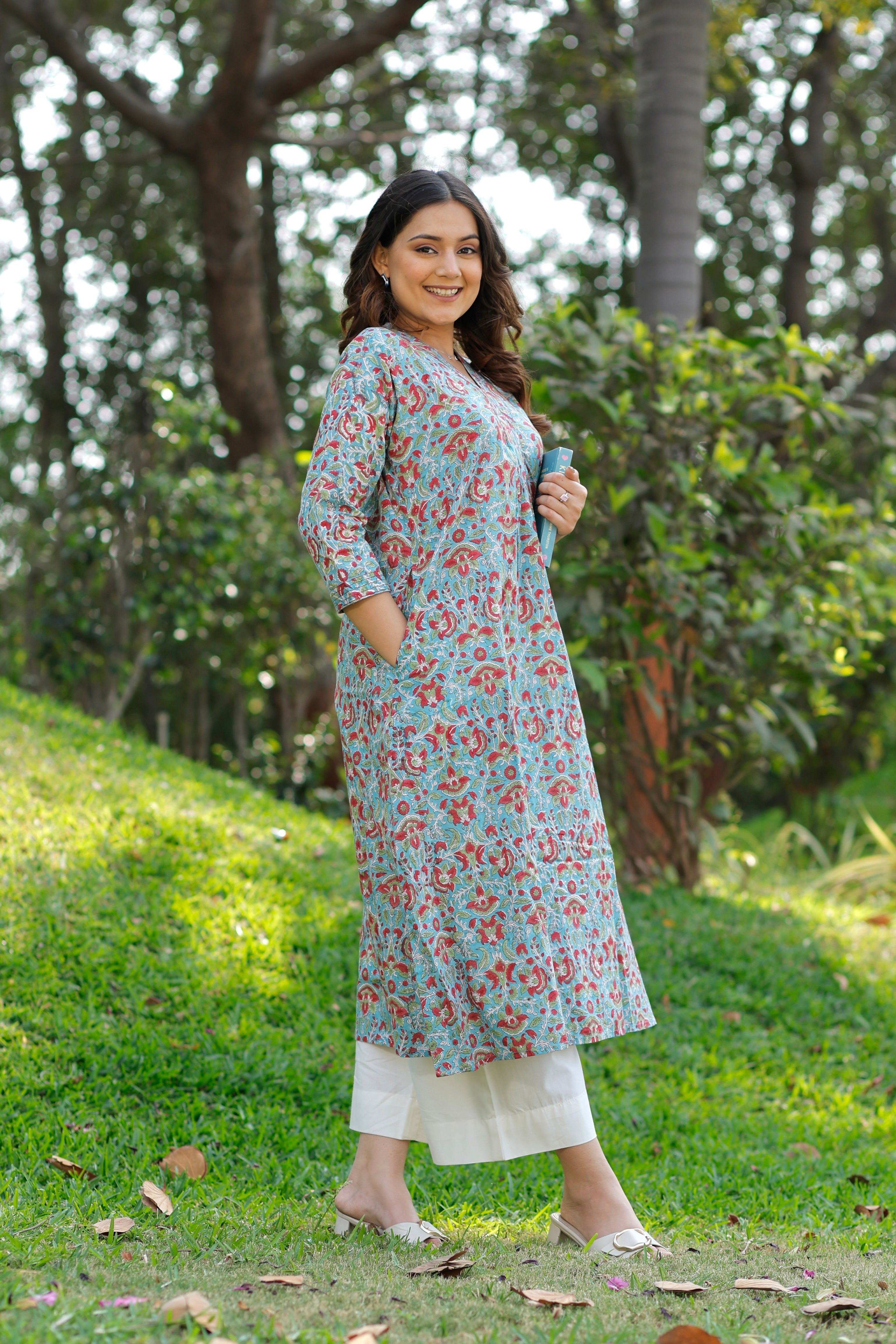 Soft Cadet Blue Hand Block Printed Cotton Kurta