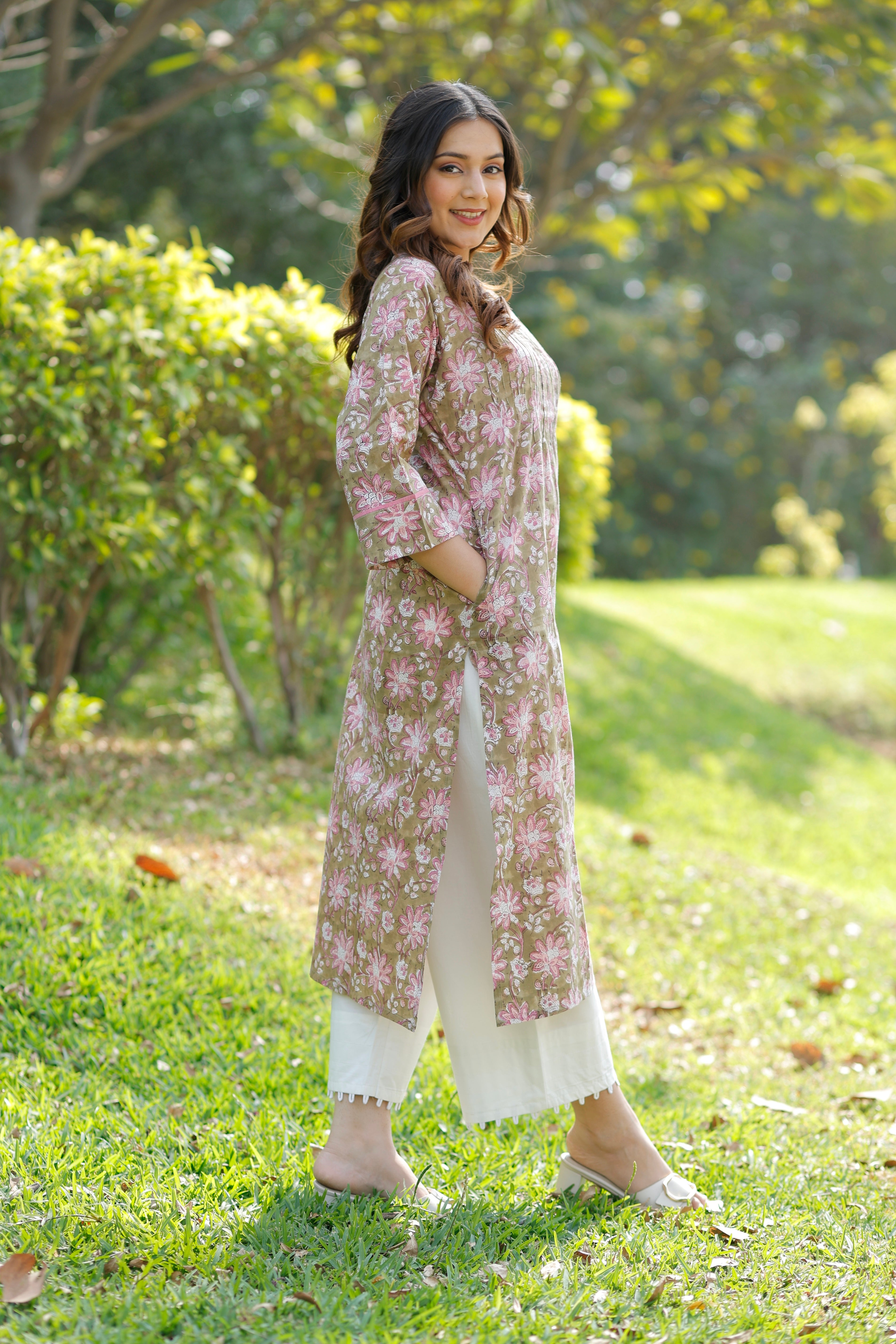 Olive Blush Hand Block Printed Cotton Kurta