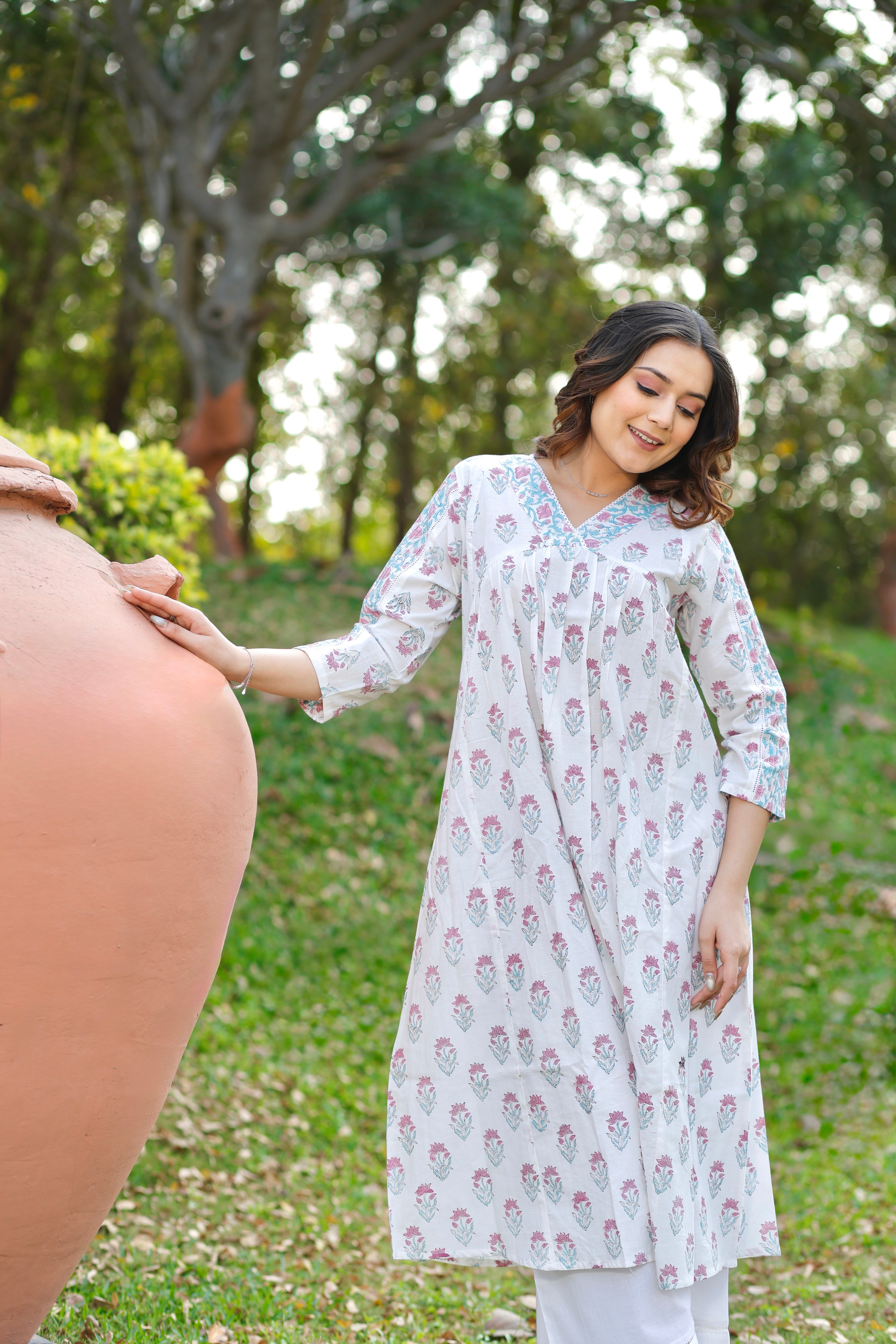 White Bloom Floral Hand Block Printed Cotton Kurta