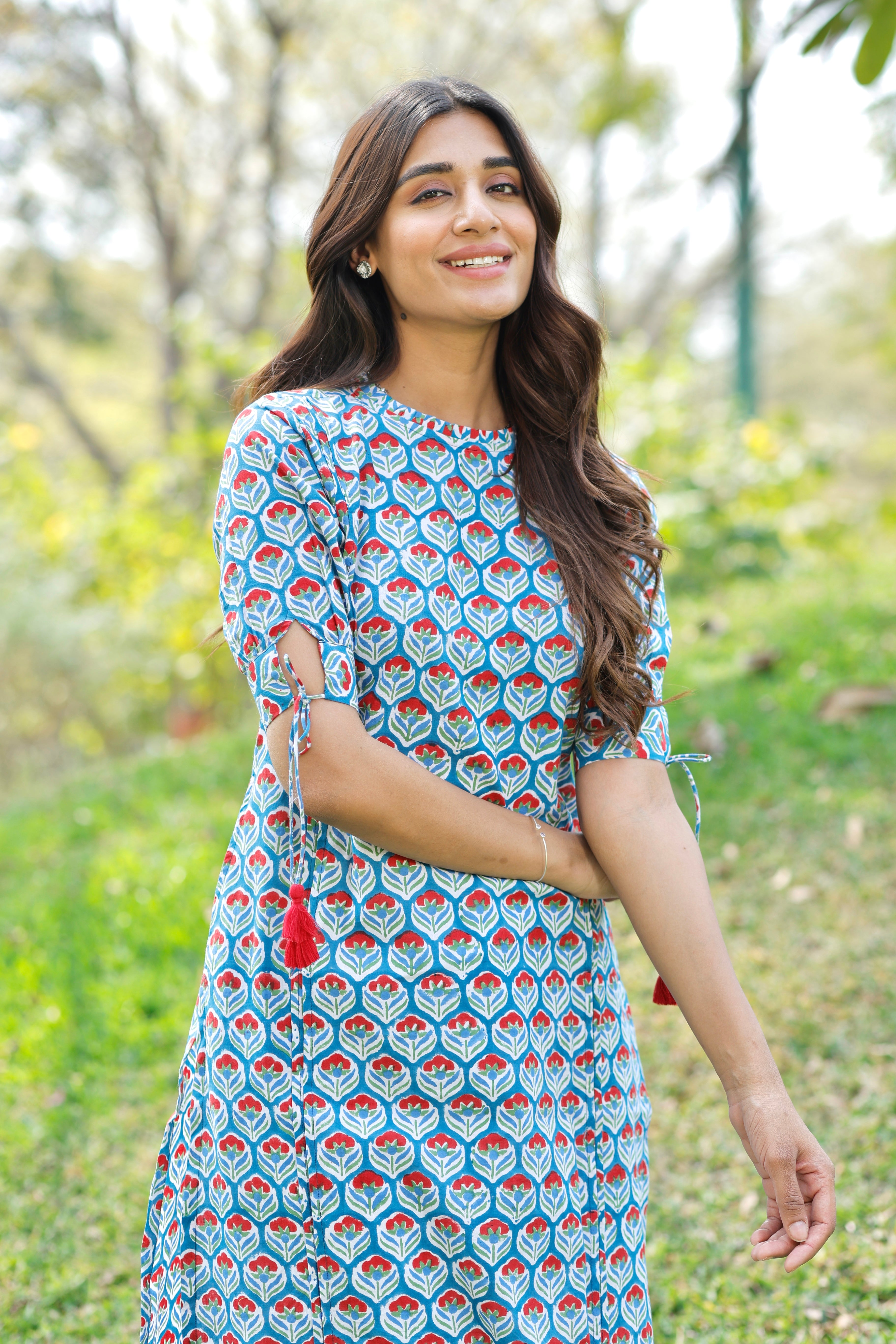 Teal Blue Hand Block Printed Cotton Kurta