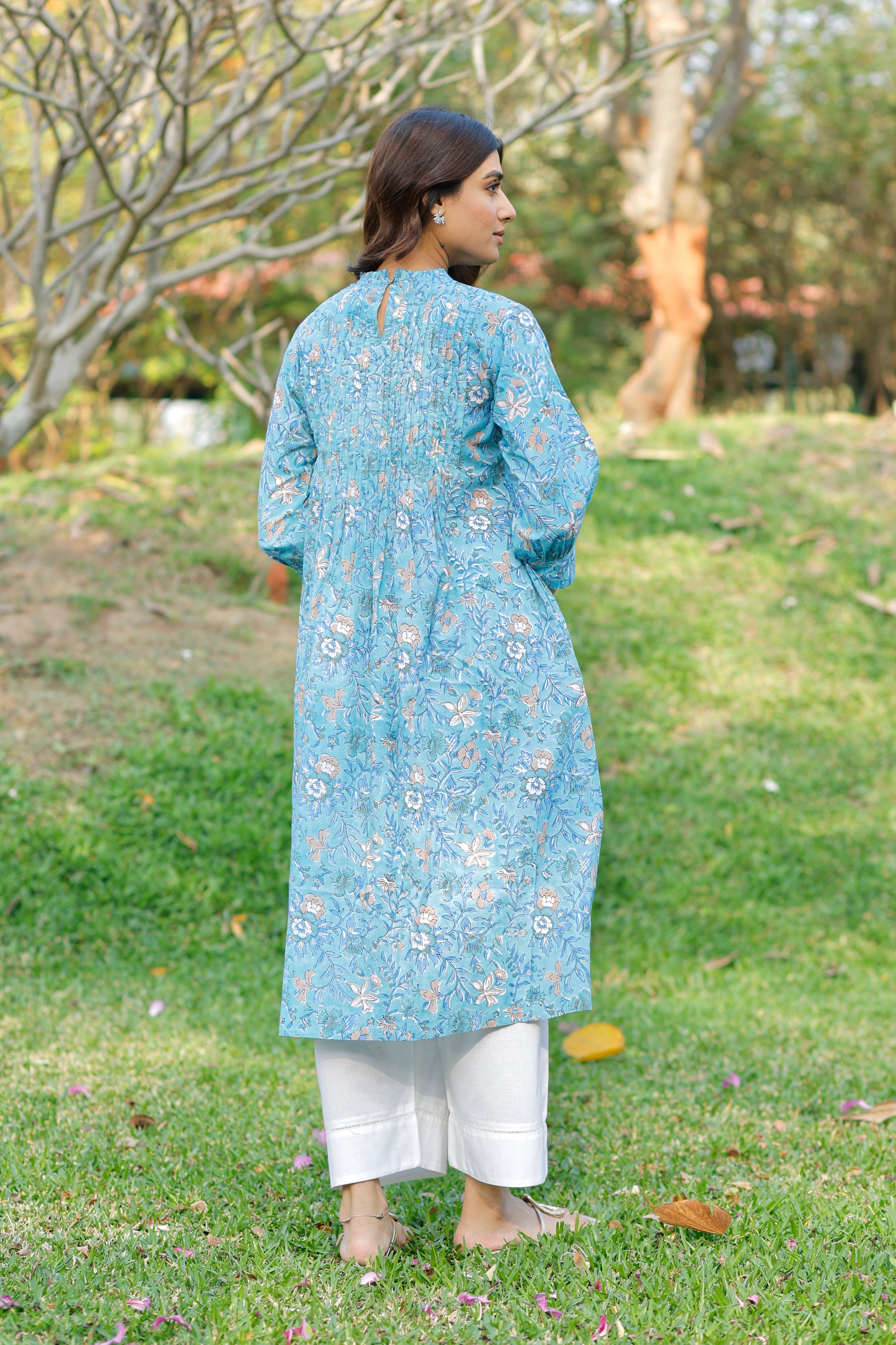 Aqua Blooming Hand Block Printed Cotton Kurta