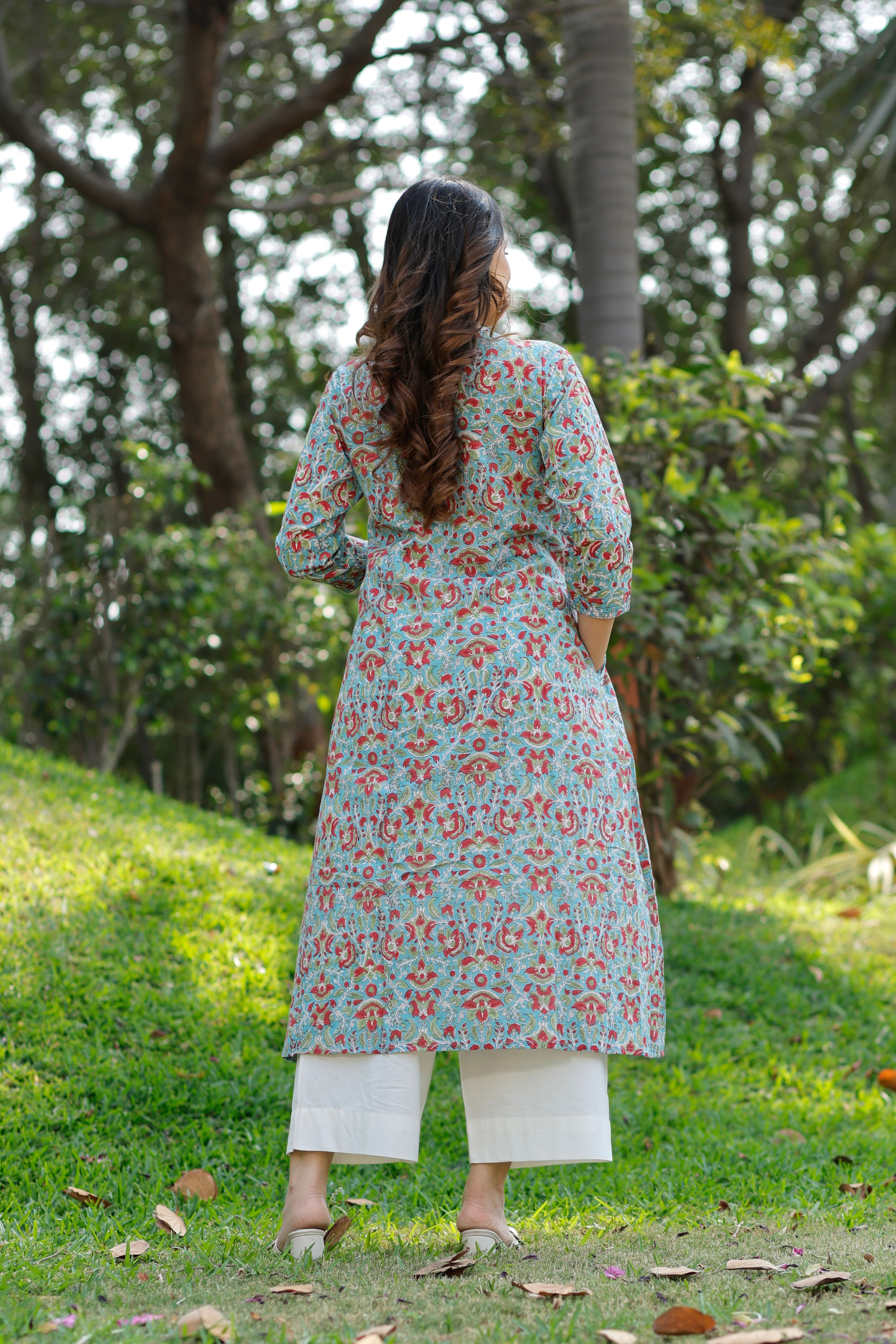 Soft Cadet Blue Hand Block Printed Cotton Kurta