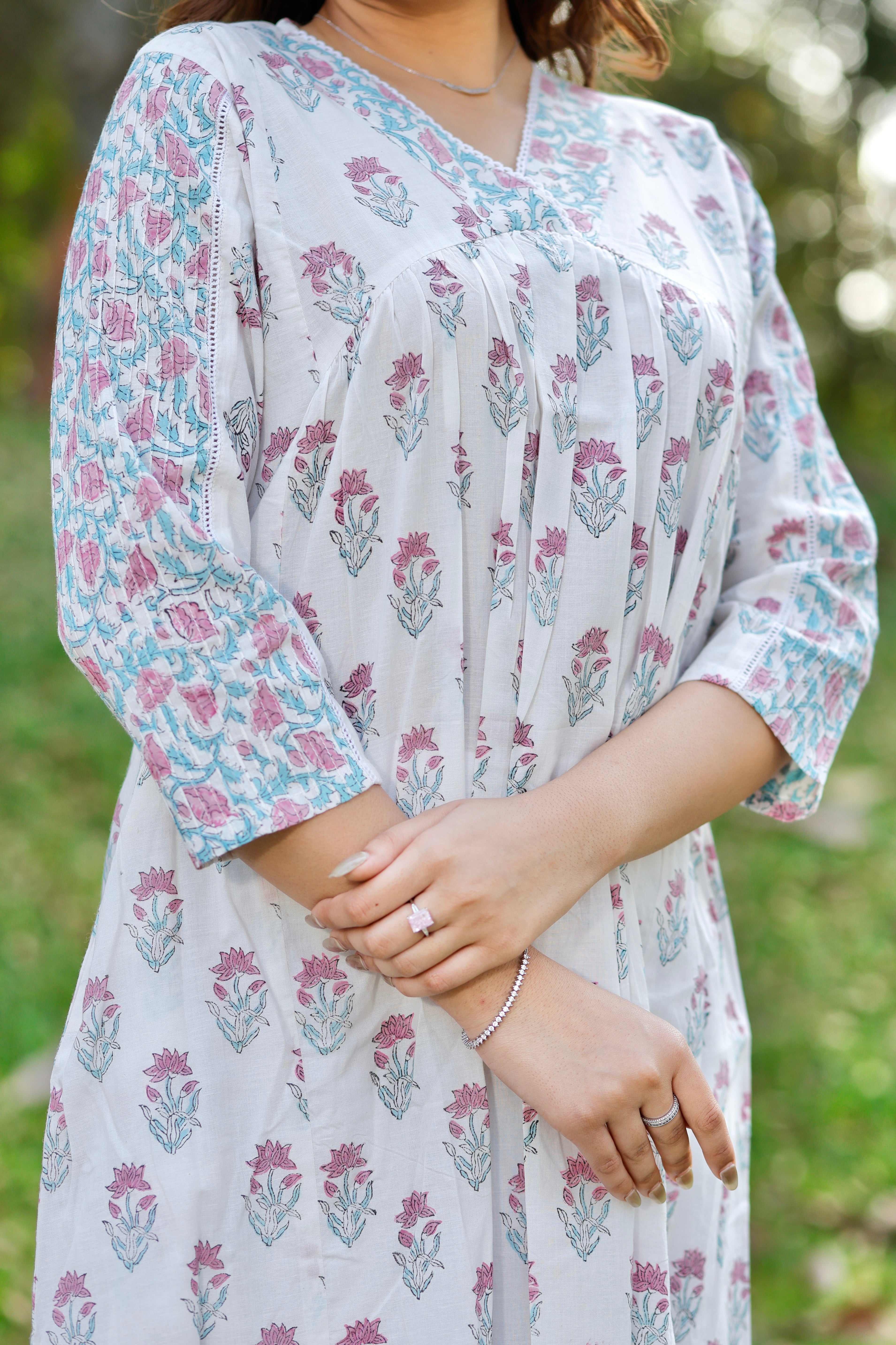 White Bloom Floral Hand Block Printed Cotton Kurta